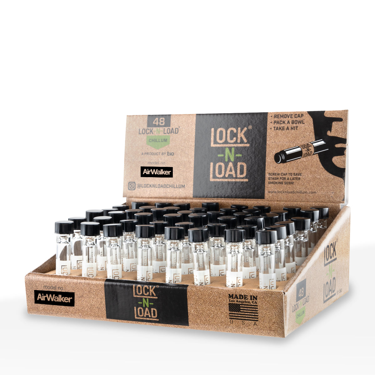 Lock-N-Load | 'Retail Display' Glass Chillums w/ Black Caps | 3" - 9mm - 48 Count