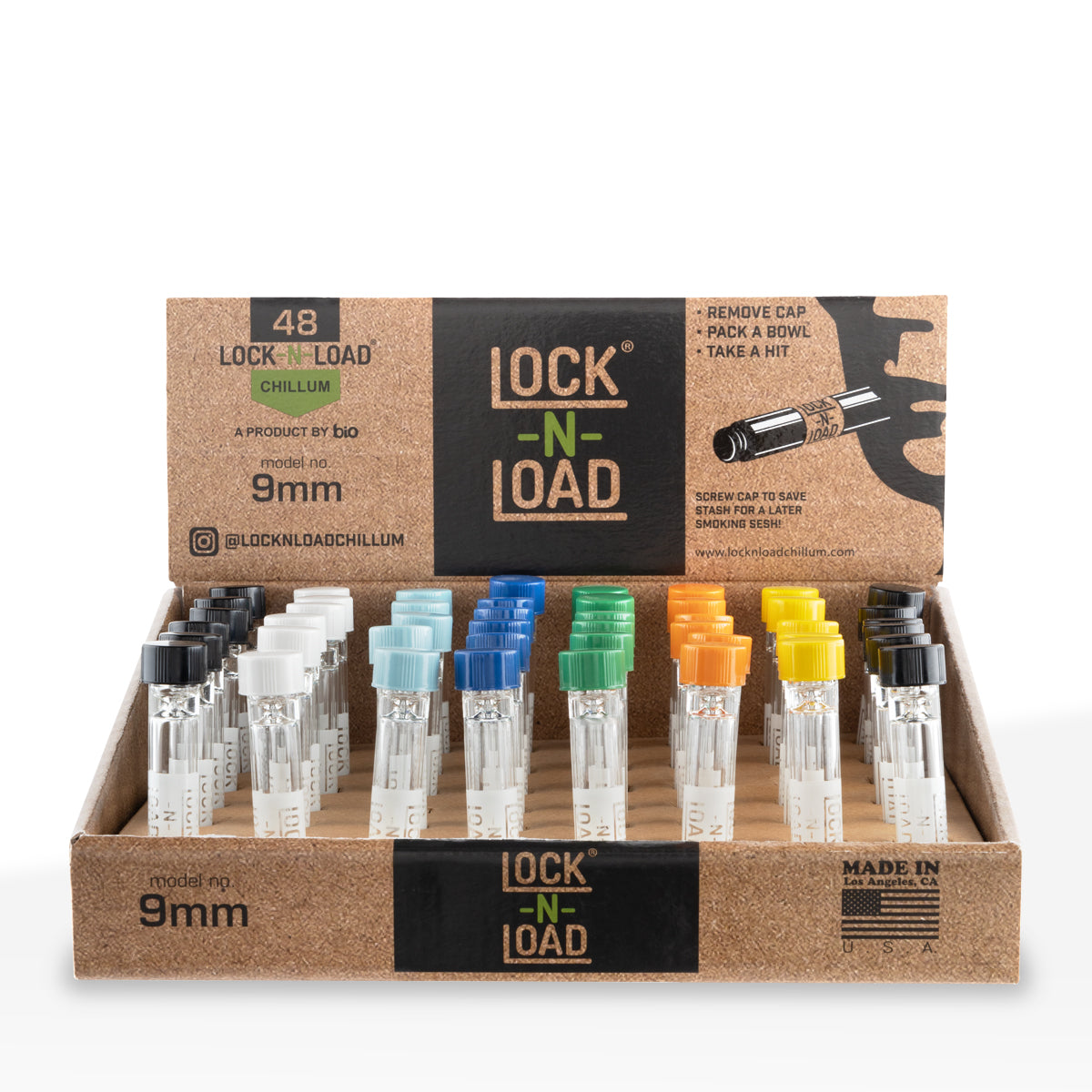 Lock-N-Load | 'Retail Display' Glass Chillums w/ Colorful Caps | 3" - 9mm - 48 Count