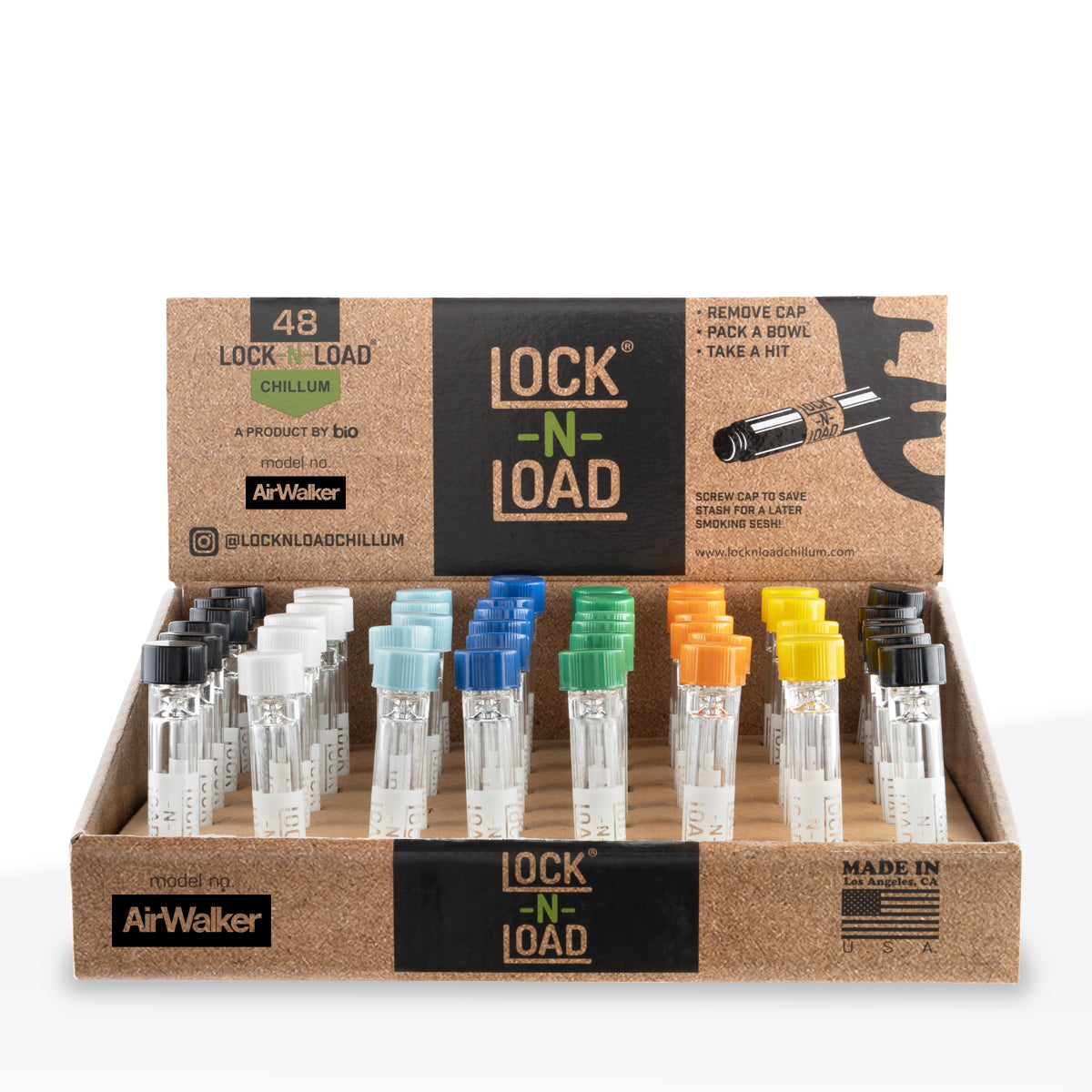 Lock-N-Load | 'Retail Display' Glass Chillums w/ Colorful Caps | 3" - 9mm - 48 Count