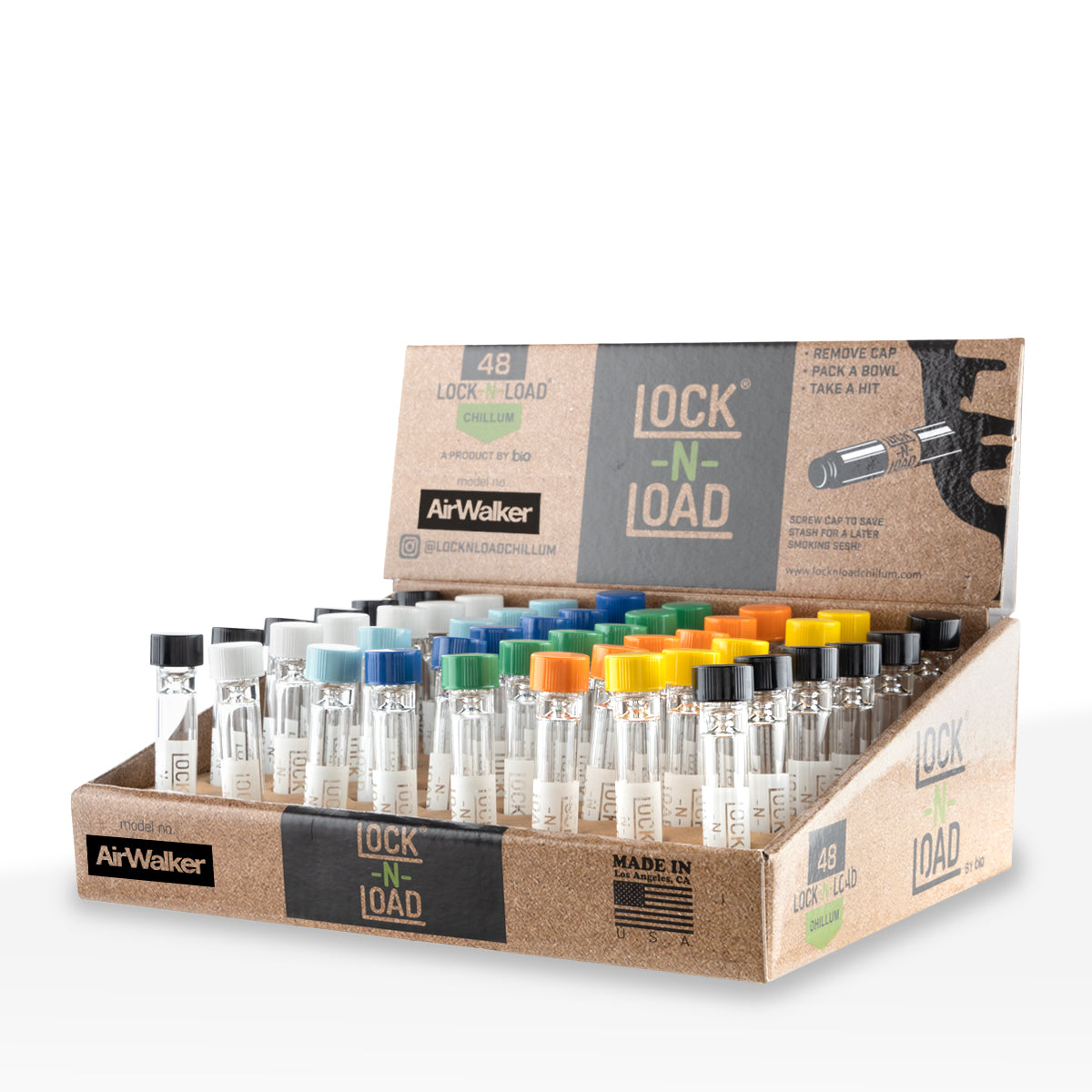 Lock-N-Load | 'Retail Display' Glass Chillums w/ Colorful Caps | 3" - 9mm - 48 Count