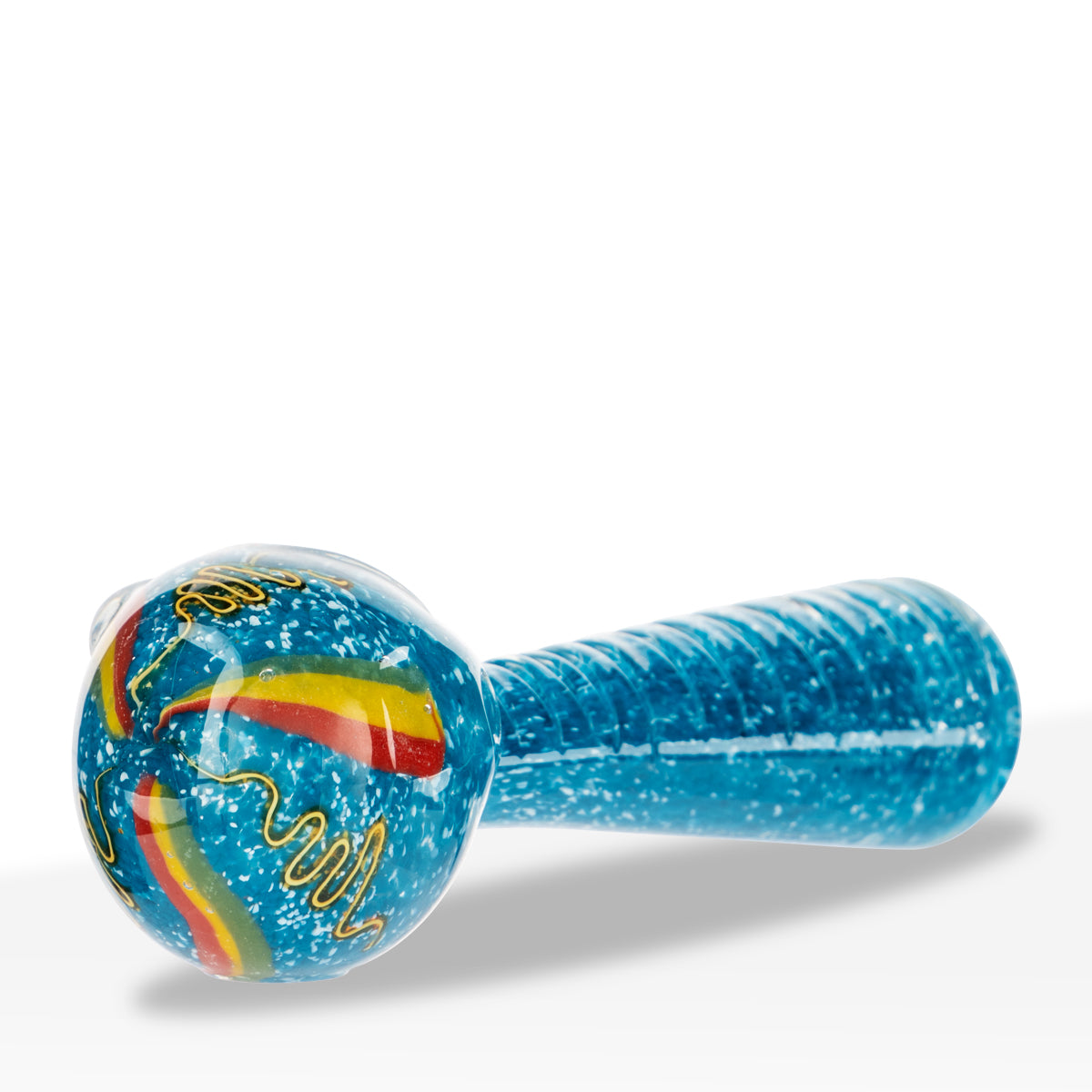 Hand Pipe | Classic Glass Spoon Heavy Frit w/ Dichro Hand Pipe | 4" - Glass - Assorted Colors - Biohazard Inc - Cyan Blue
