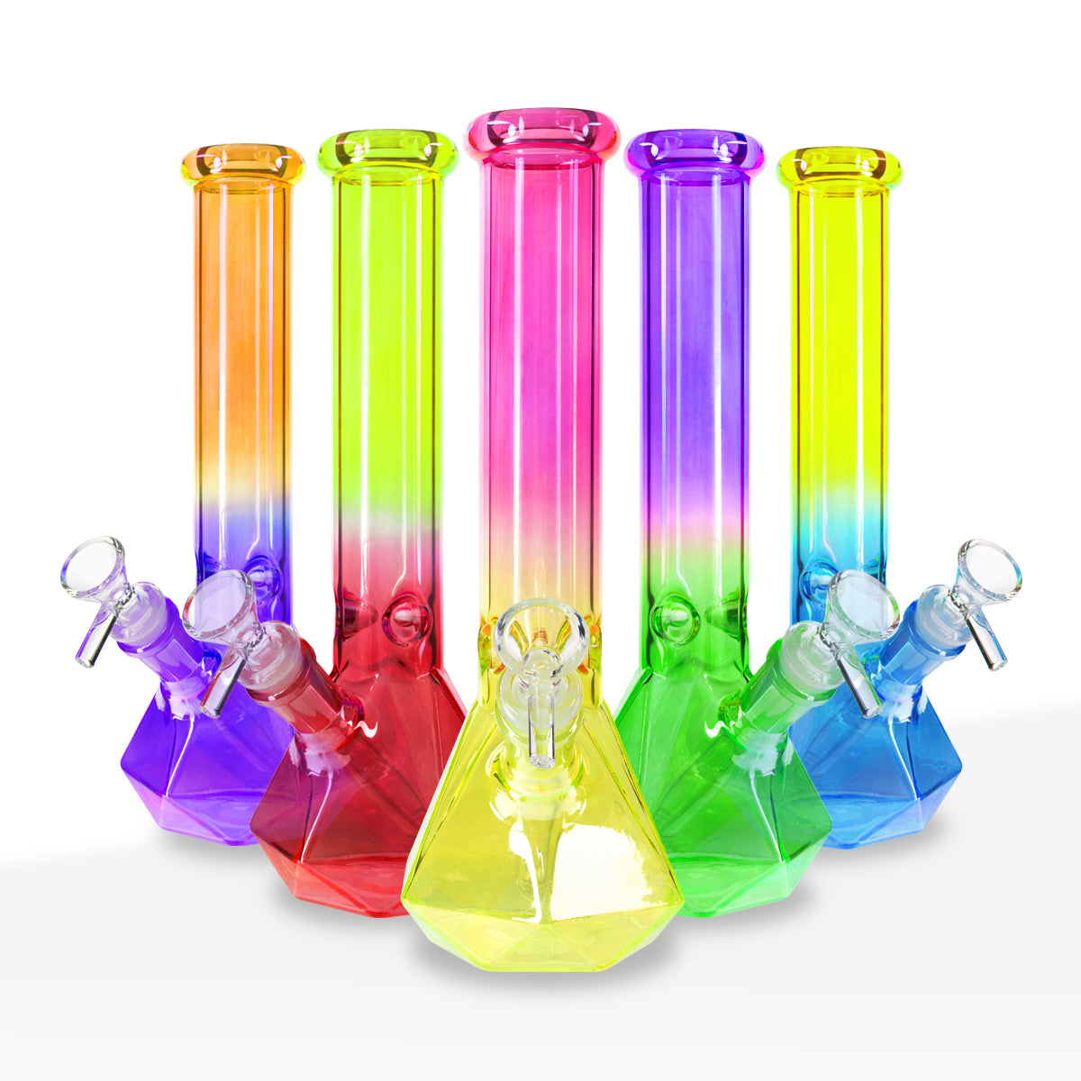Water Pipe | 4mm Hexagon Base Beaker | 10" - Glass - Assorted Colors - Biohazard Inc - Group Photo - Hot Pink / Yellow, Lime Green / Ruby Red, Mandarin Orange / Royal Purple, Royal Purple / Spring Green, Electric Yellow / Cyan Blue