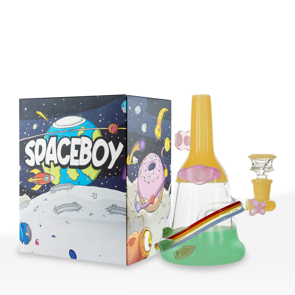 Water Pipe | Spaceboy Colorful Beaker | 7" - Glass - Various Colors - Biohazard Inc - Yellow and Green