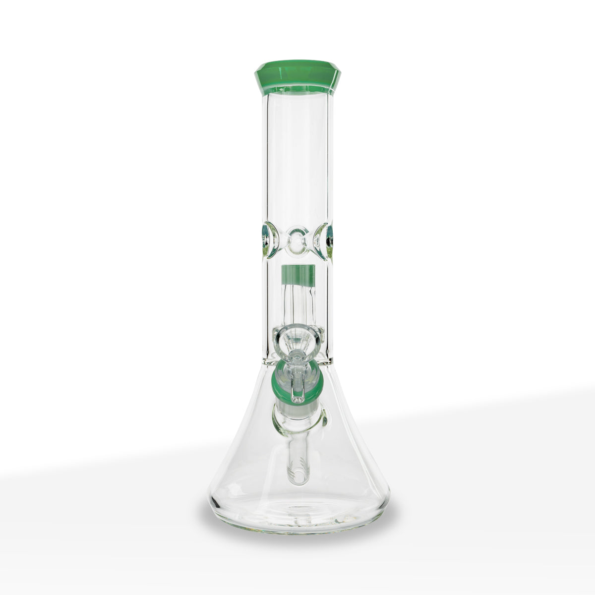 Water Pipe | Color Trim Beaker w/ Showerhead Perc | 11" - Glass - Various Colors - Biohazard Inc - Green