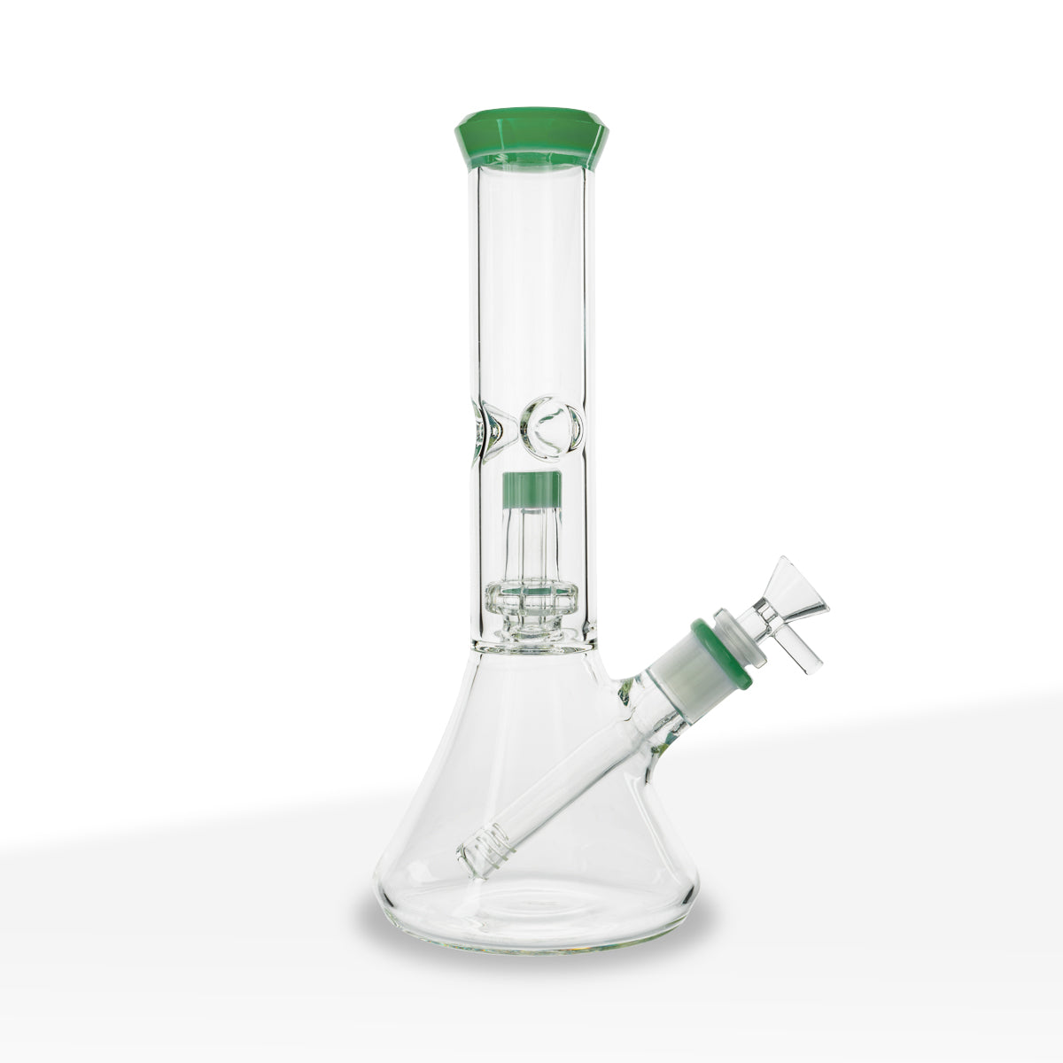 Water Pipe | Color Trim Beaker w/ Showerhead Perc | 11" - Glass - Various Colors - Biohazard Inc - Green
