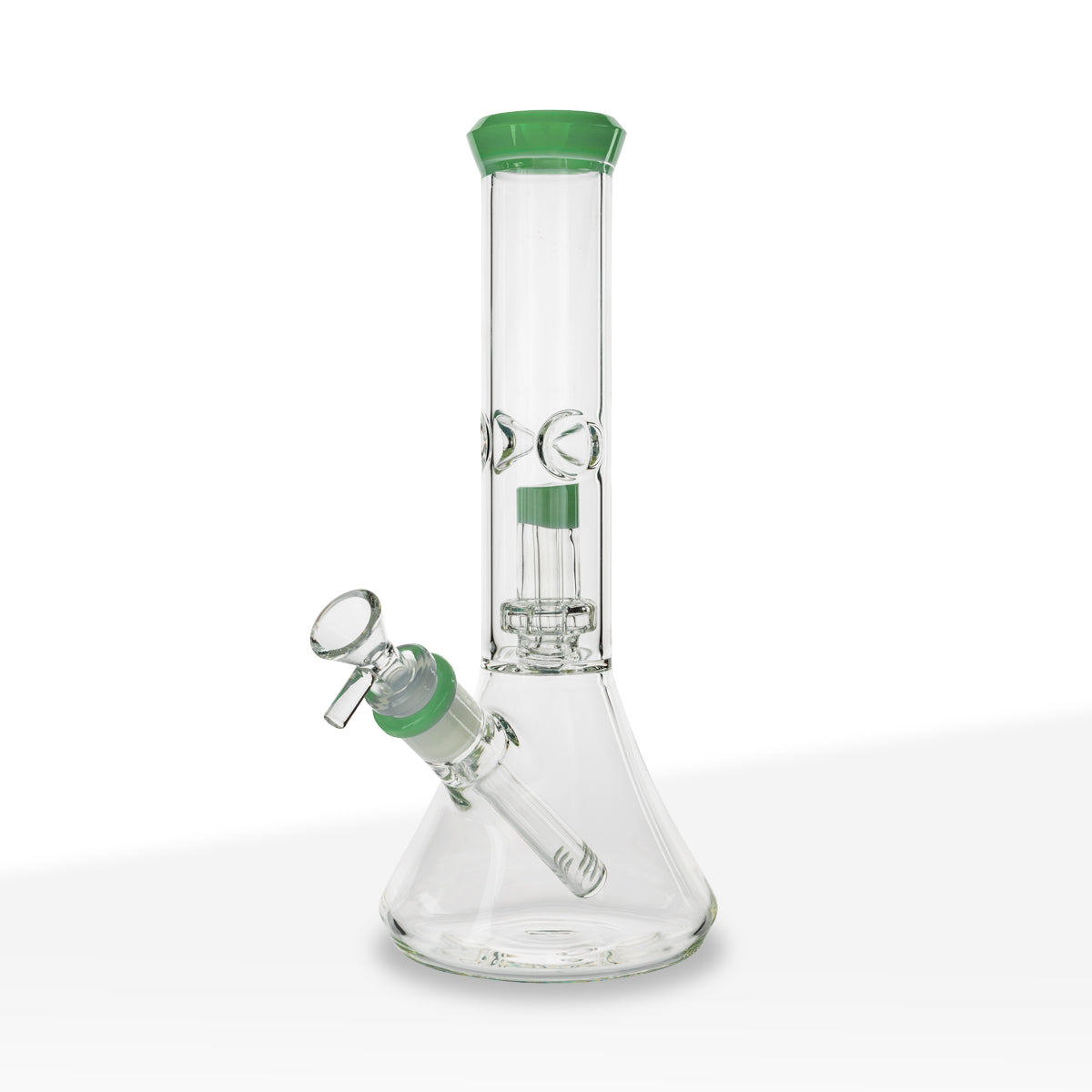 Water Pipe | Color Trim Beaker w/ Showerhead Perc | 11" - Glass - Various Colors - Biohazard Inc - Green