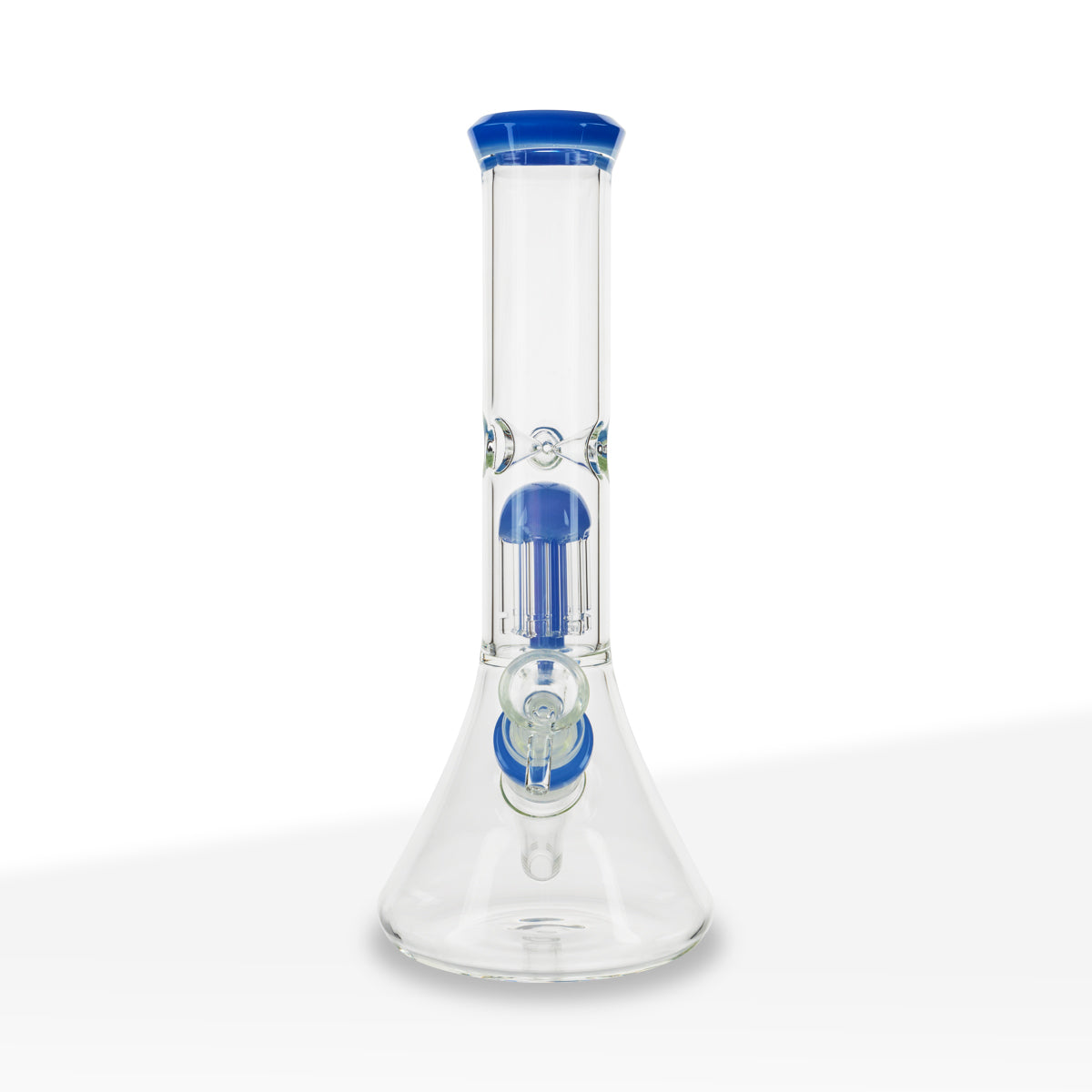 Water Pipe | Color Trim Beaker w/ 6-Arm Tree Percolator | 11" - Glass - Blue Trim - Biohazard Inc