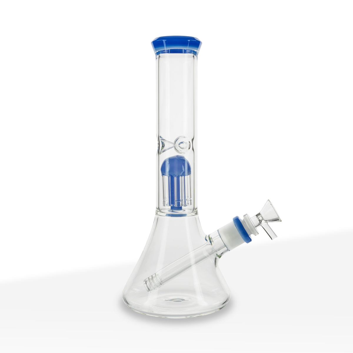 Water Pipe | Color Trim Beaker w/ 6-Arm Tree Percolator | 11" - Glass - Blue Trim - Biohazard Inc