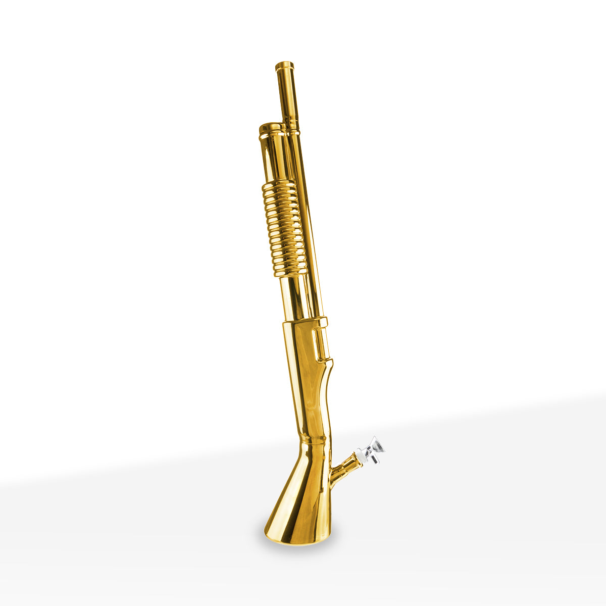 Novelty | Shotgun Water Pipe w/ Wooden Base | 26" - Glass - Gold Biohazard Inc.