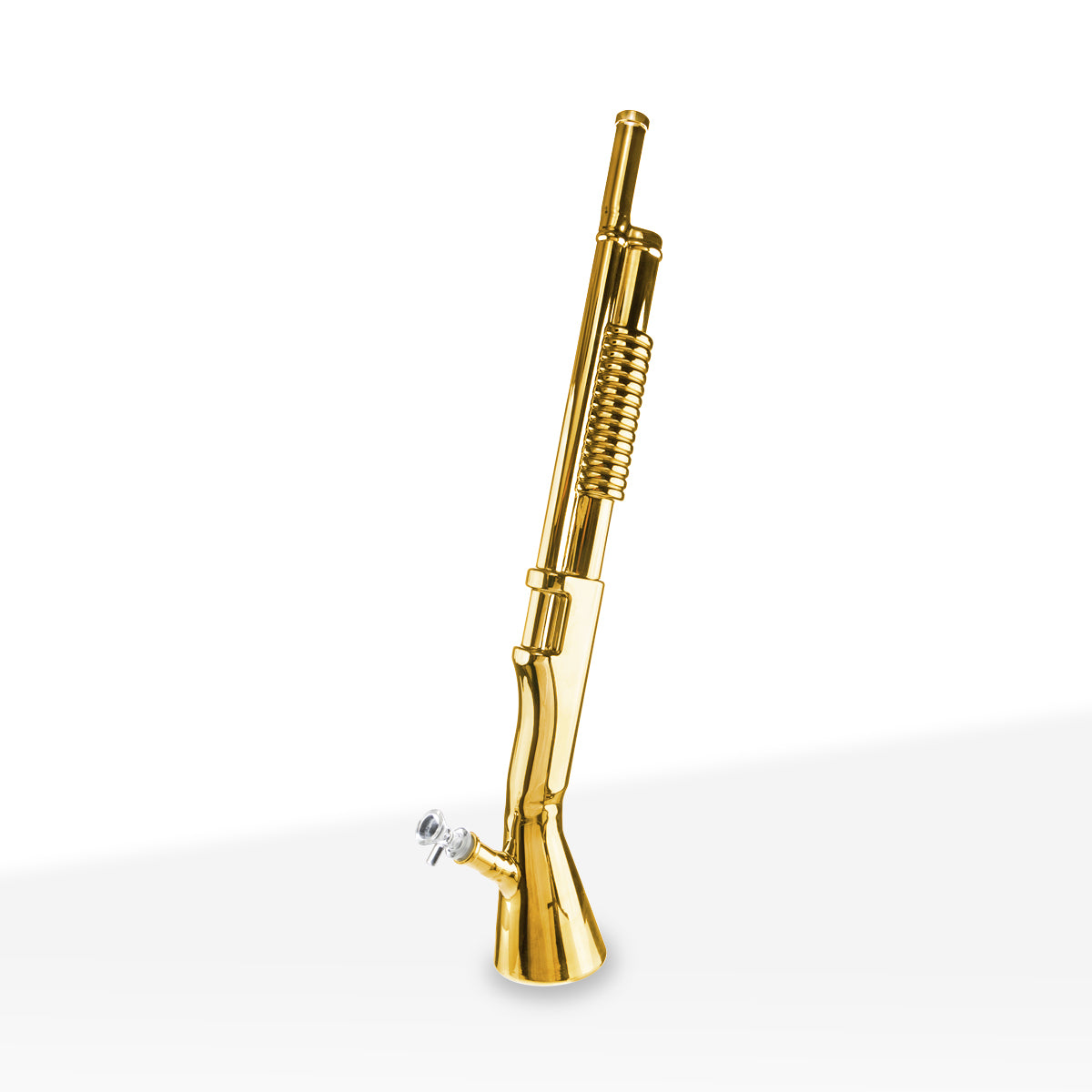 Novelty | Shotgun Water Pipe w/ Wooden Base | 26" - Glass - Gold Biohazard Inc.