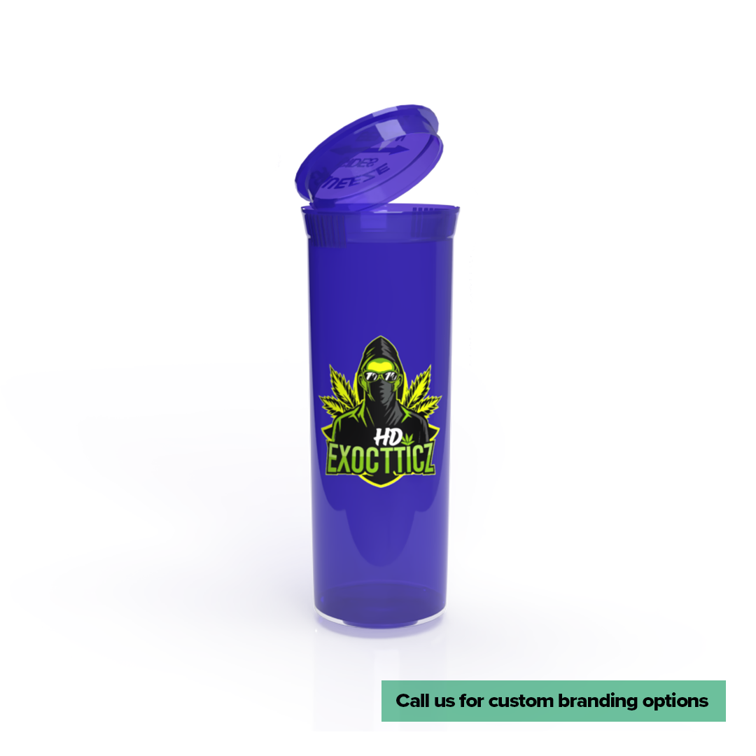 Plastic Pop Top Bottles | 60 Dram - 14 Grams - 75 Count - Various Colors - Direct Print - Biohazard Inc