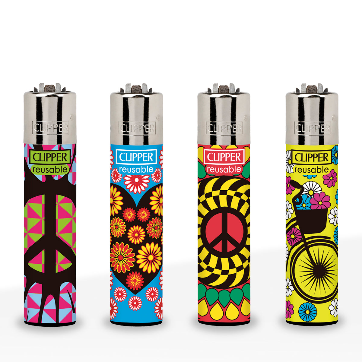 Clipper® | 'Retail Display' Peace Heart Flowers Lighters | 48 Count