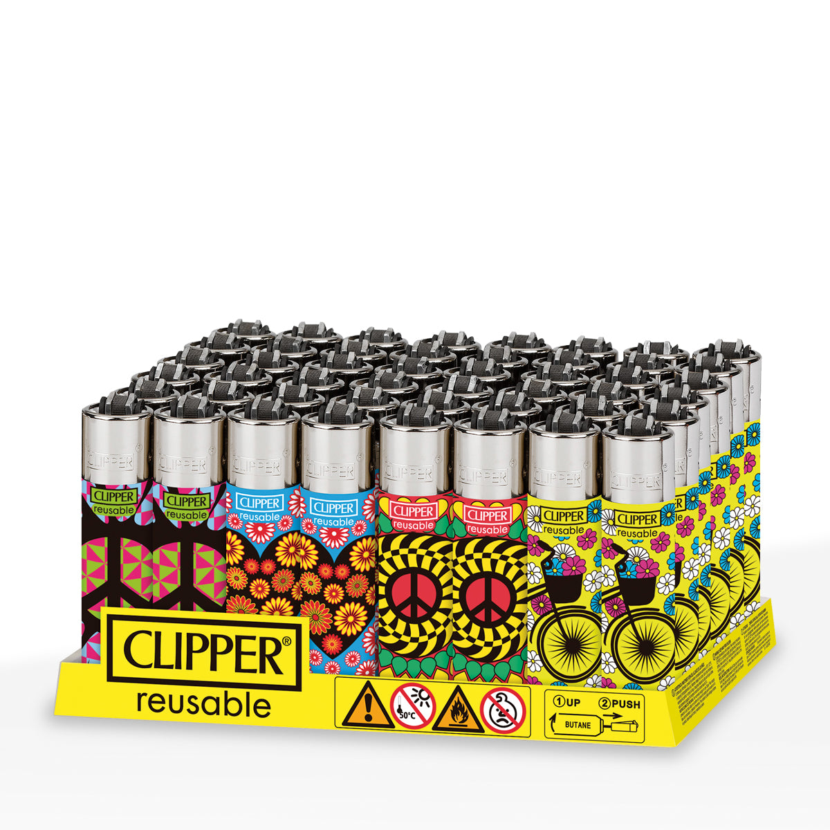 Clipper® | 'Retail Display' Peace Heart Flowers Lighters | 48 Count