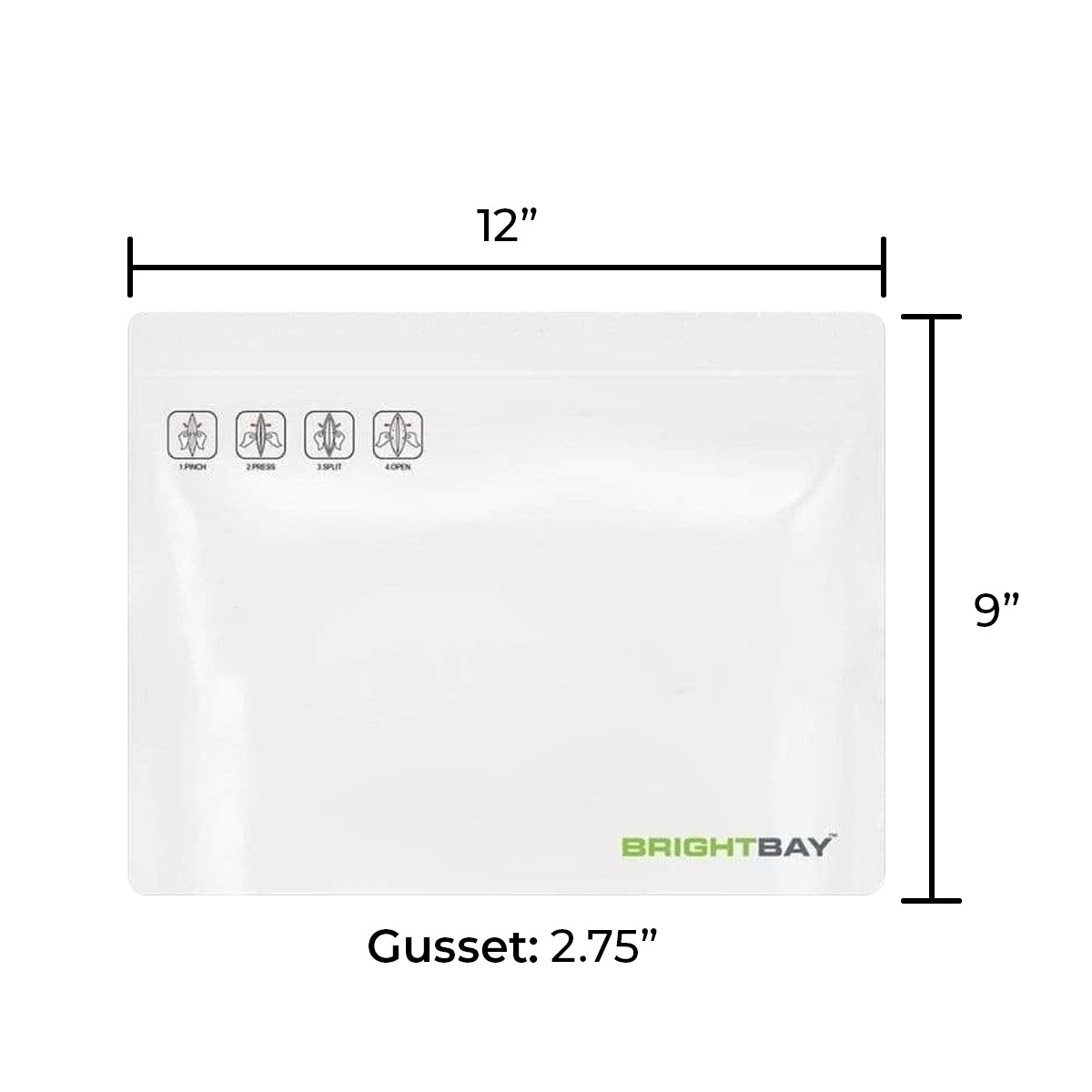 Child Resistant | Bright Bay™ White Mylar Exit Bags | 12" x 9" - 56g - 250 Count - Biohazard Inc - No Tear Notch