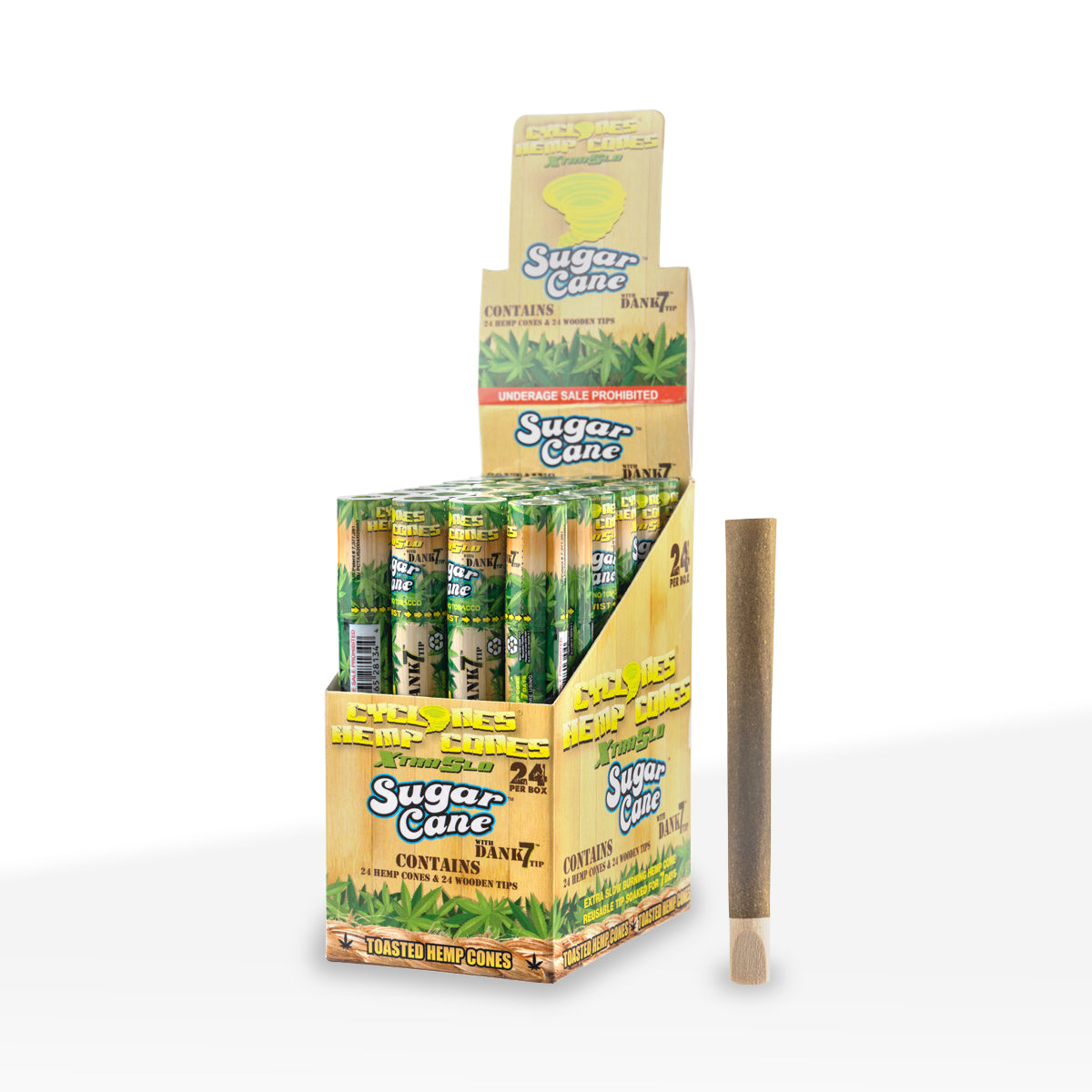 Cyclones | Hemp Pre-Rolled Cones Xtra Slow Burn | 109mm - Sugar Cane - 24 Count