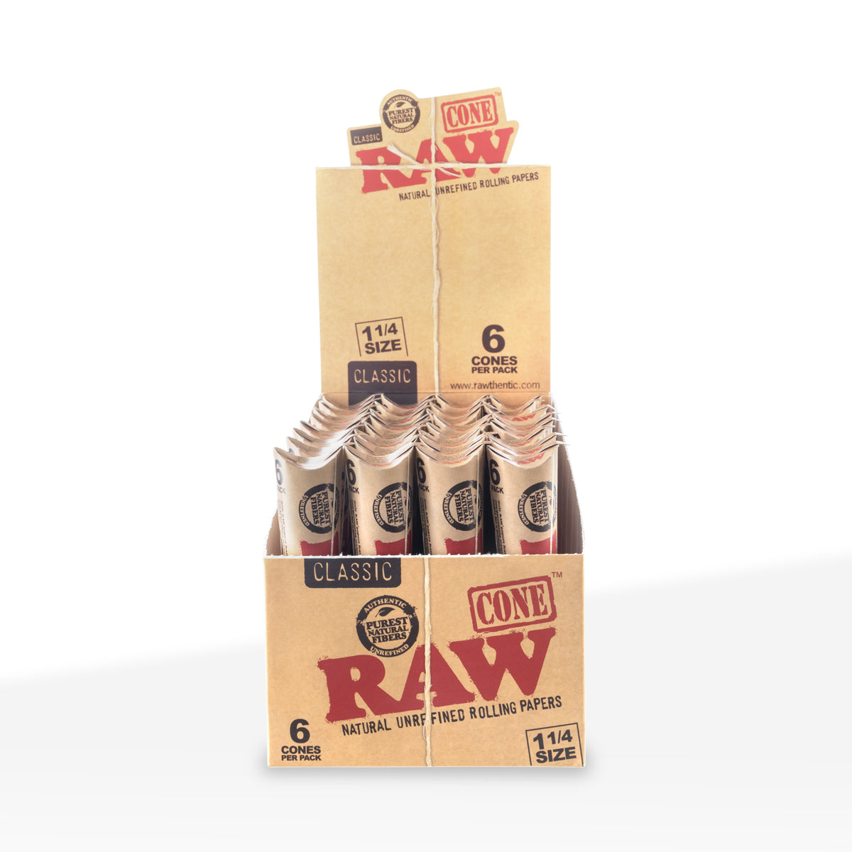 RAW® | Pre-Rolled Cones Classic 1¼ 6-Pack | 84mm - Unbleached - 32 Count