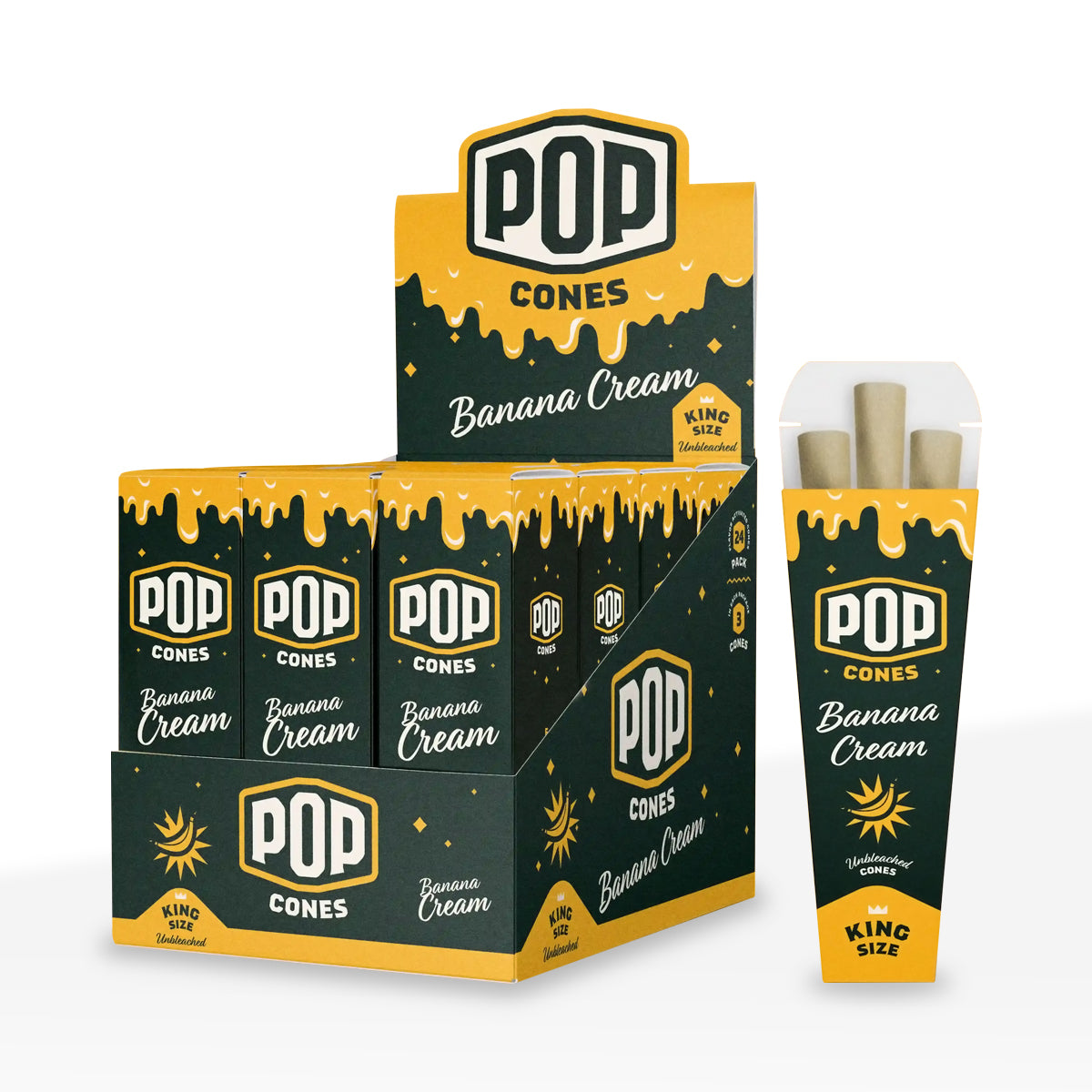 Pop Cones | Pre-Rolled King Size 3-Pack Unbleached Cones | 109mm - Various Flavors - 24 Count - Biohazard Inc