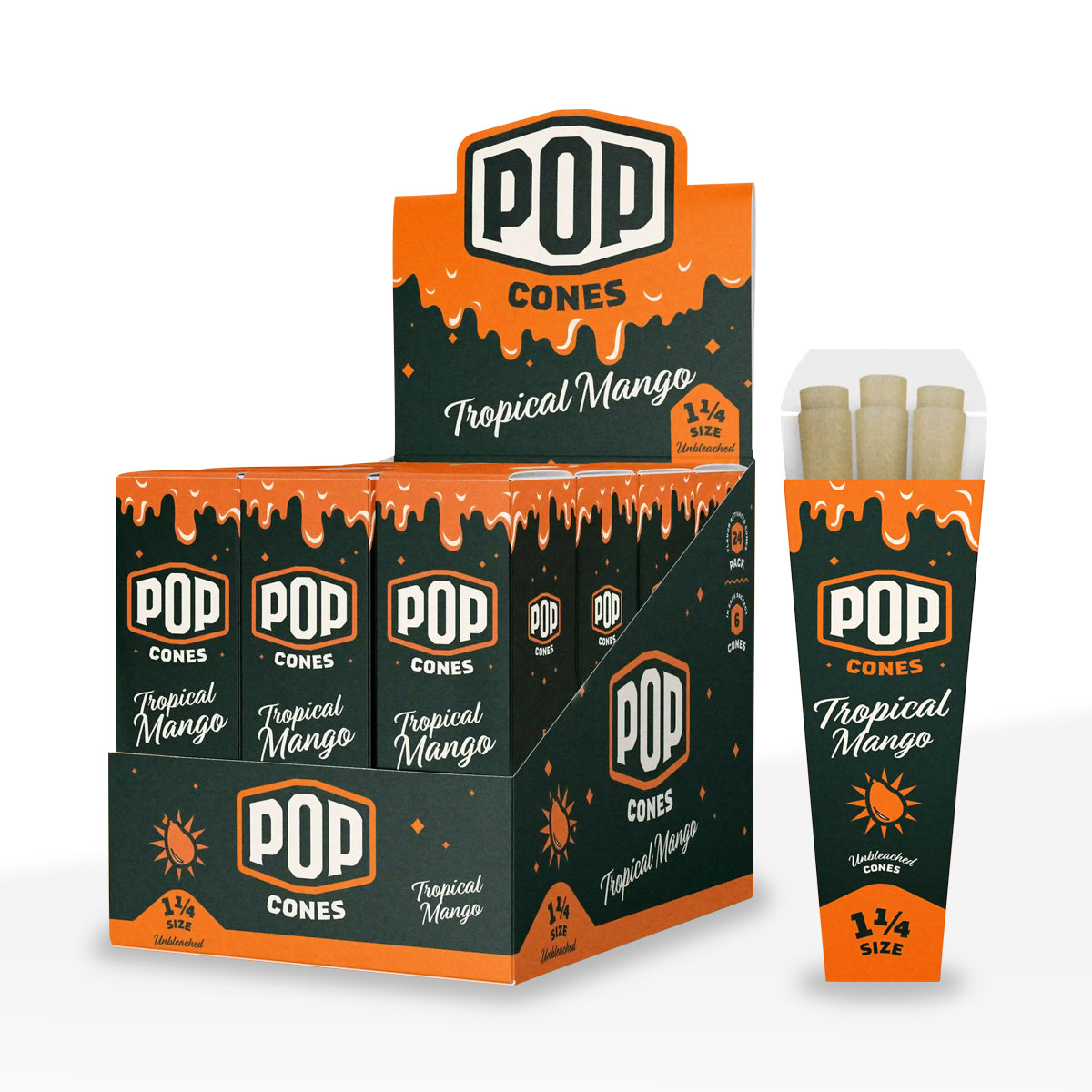 Pop Cones | Pre-Rolled 1¼ Size 6-Pack Unbleached Cones | 84mm - Various Flavors - 24 Count - Biohazard Inc - Tropical Mango