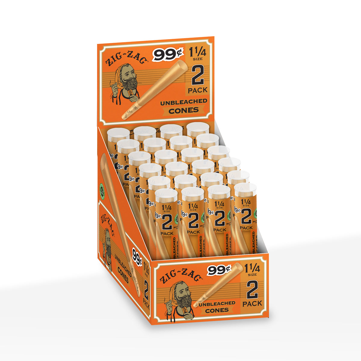 Zig-Zag® | Unbleached Pre-Rolled Cones (Pre-Priced) | Various Sizes - 1¼ Size 84mm - Brown - 24 Count