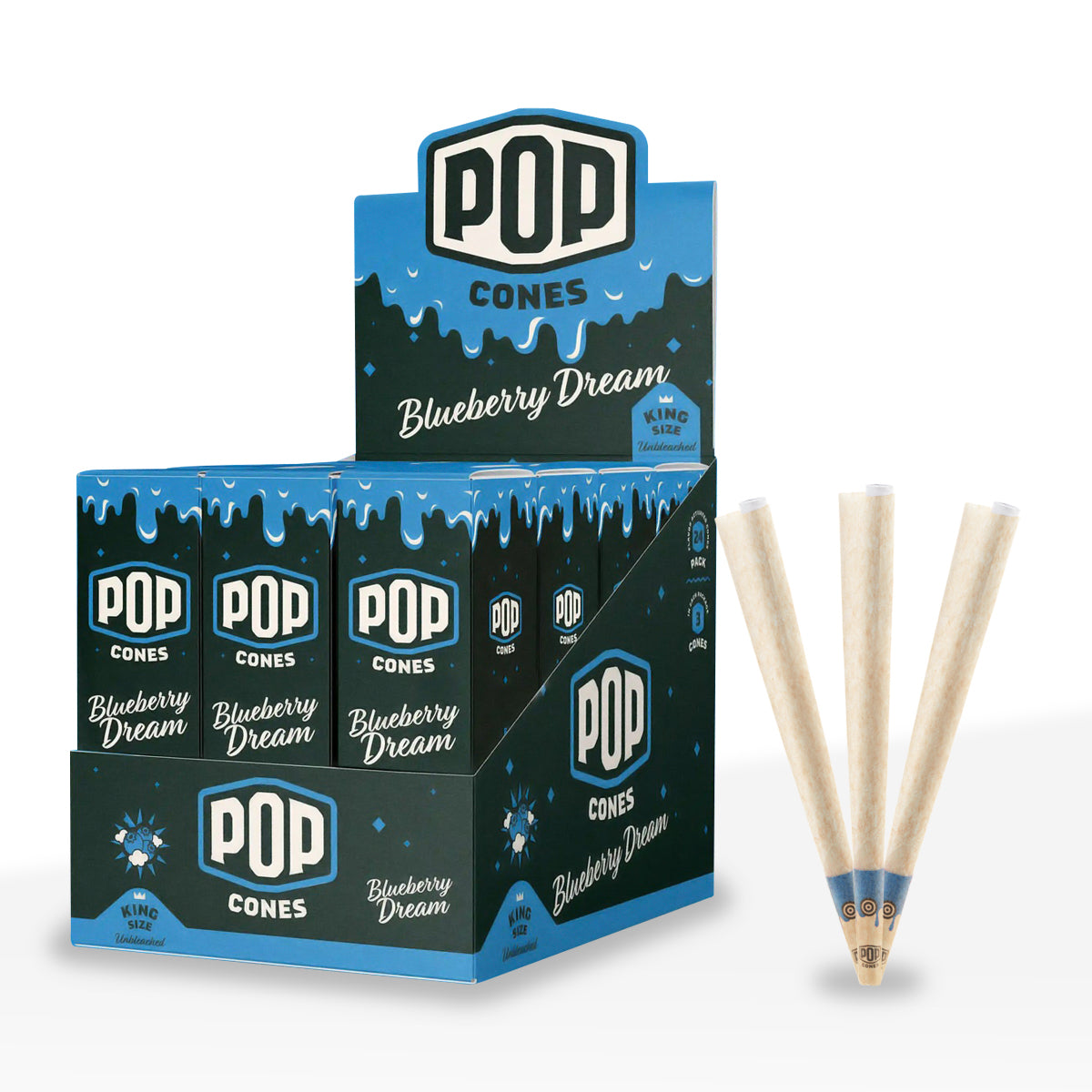 Pop Cones | King Size Pre-Rolled Cones | 109mm - Brown - 24 Count - Various Flavors - 3-Pack - Biohazard Inc - Blueberry Dream