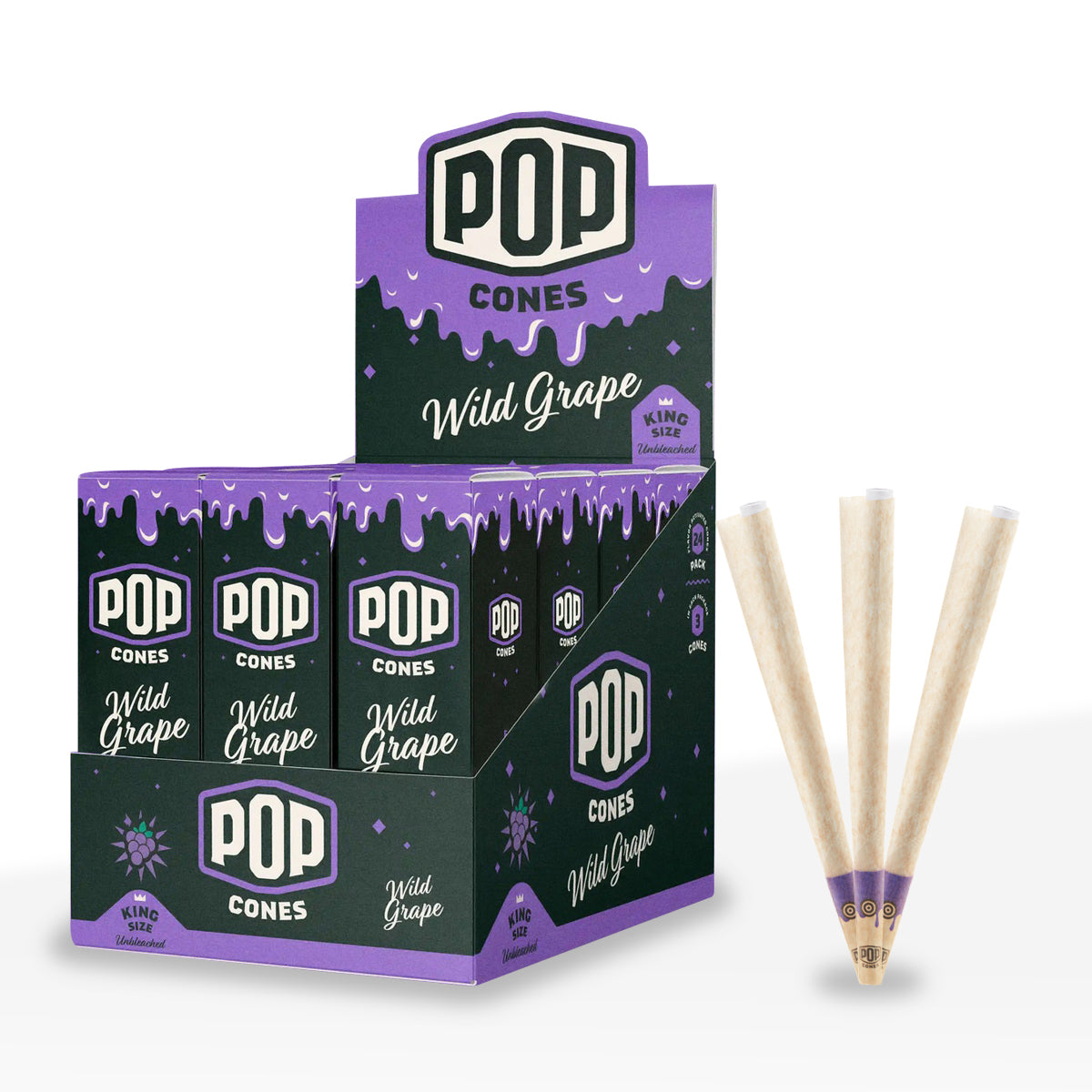 Pop Cones | King Size Pre-Rolled Cones | 109mm - Brown - 24 Count - Various Flavors - 3-Pack - Biohazard Inc - Wild Grape