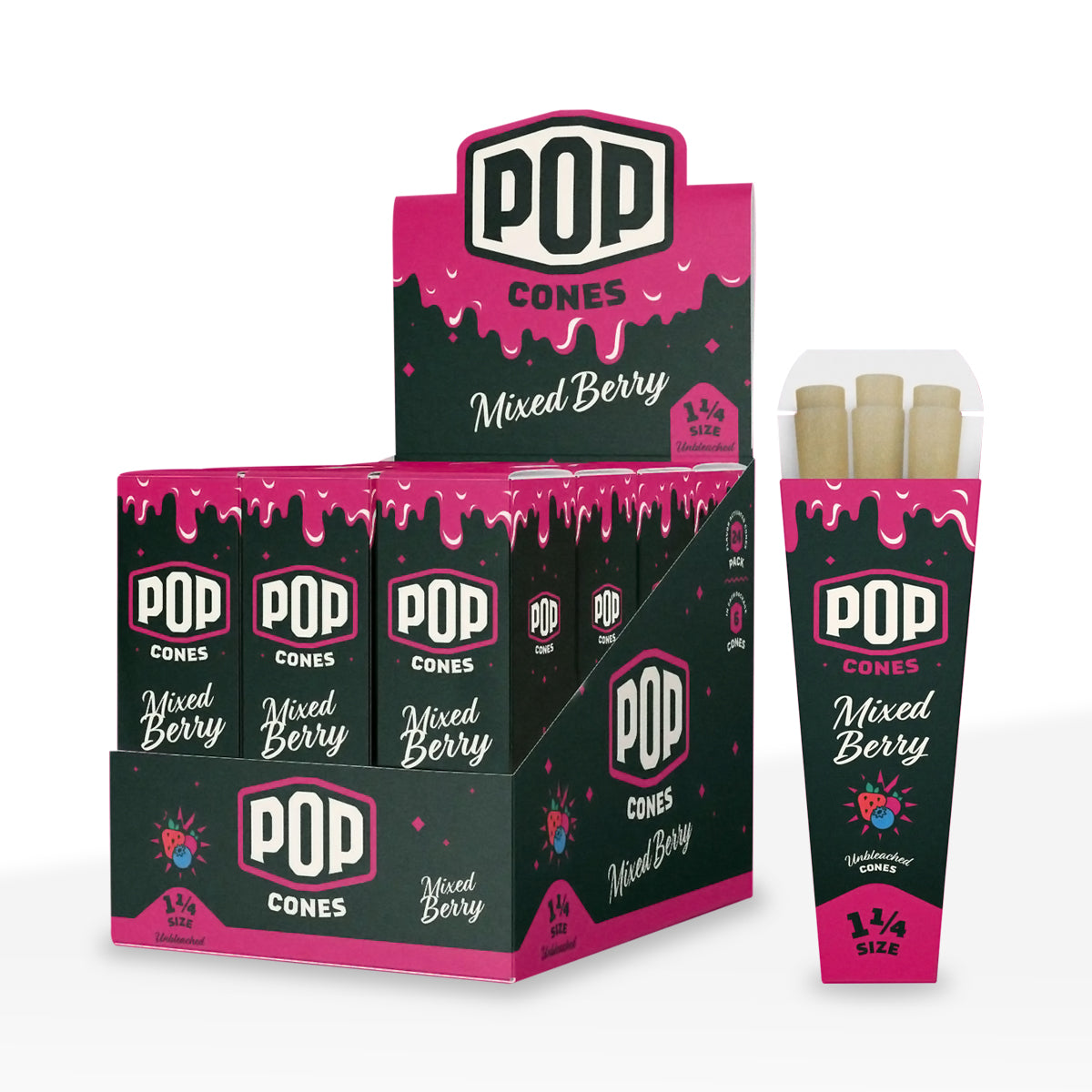 Pop Cones | 1¼ Size Pre-Rolled Cones | 84mm - Brown - 24 Count - Various Flavors - Biohazard Inc - Mixed Berry