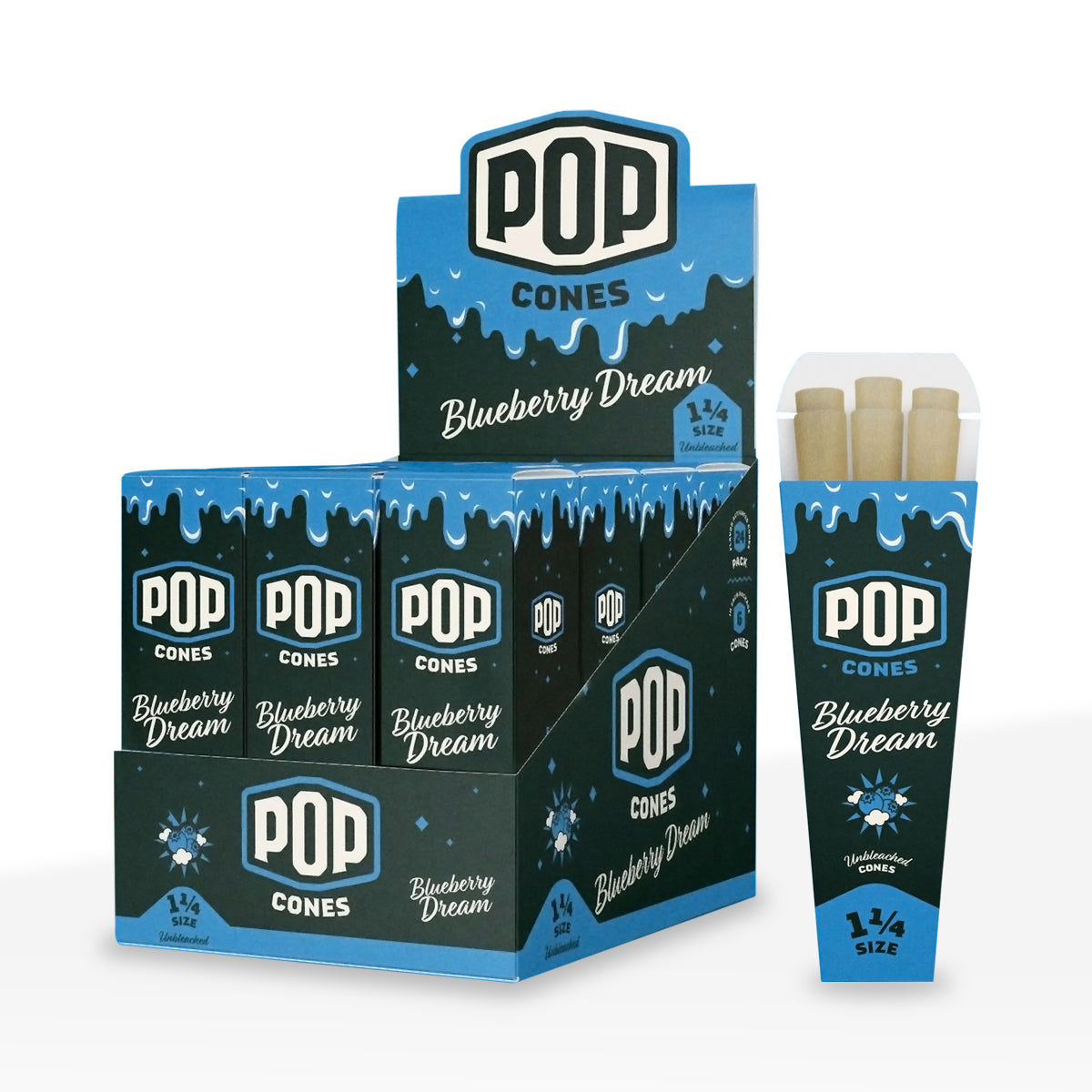 Pop Cones | 1¼ Size Pre-Rolled Cones | 84mm - Brown - 24 Count - Various Flavors - Biohazard Inc - Blueberry Dream