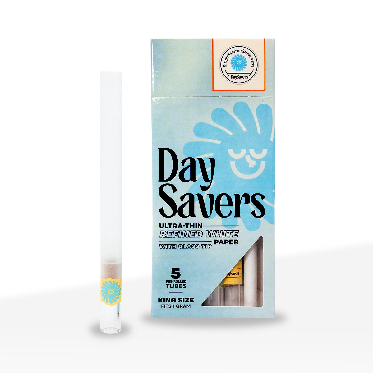 DaySavers | Ultra-Thin King Size Pre-Rolled Tubes w/ Tips | Various Styles - 109mm - White - 20 Count - Biohazard Inc - Glass Filter Tips