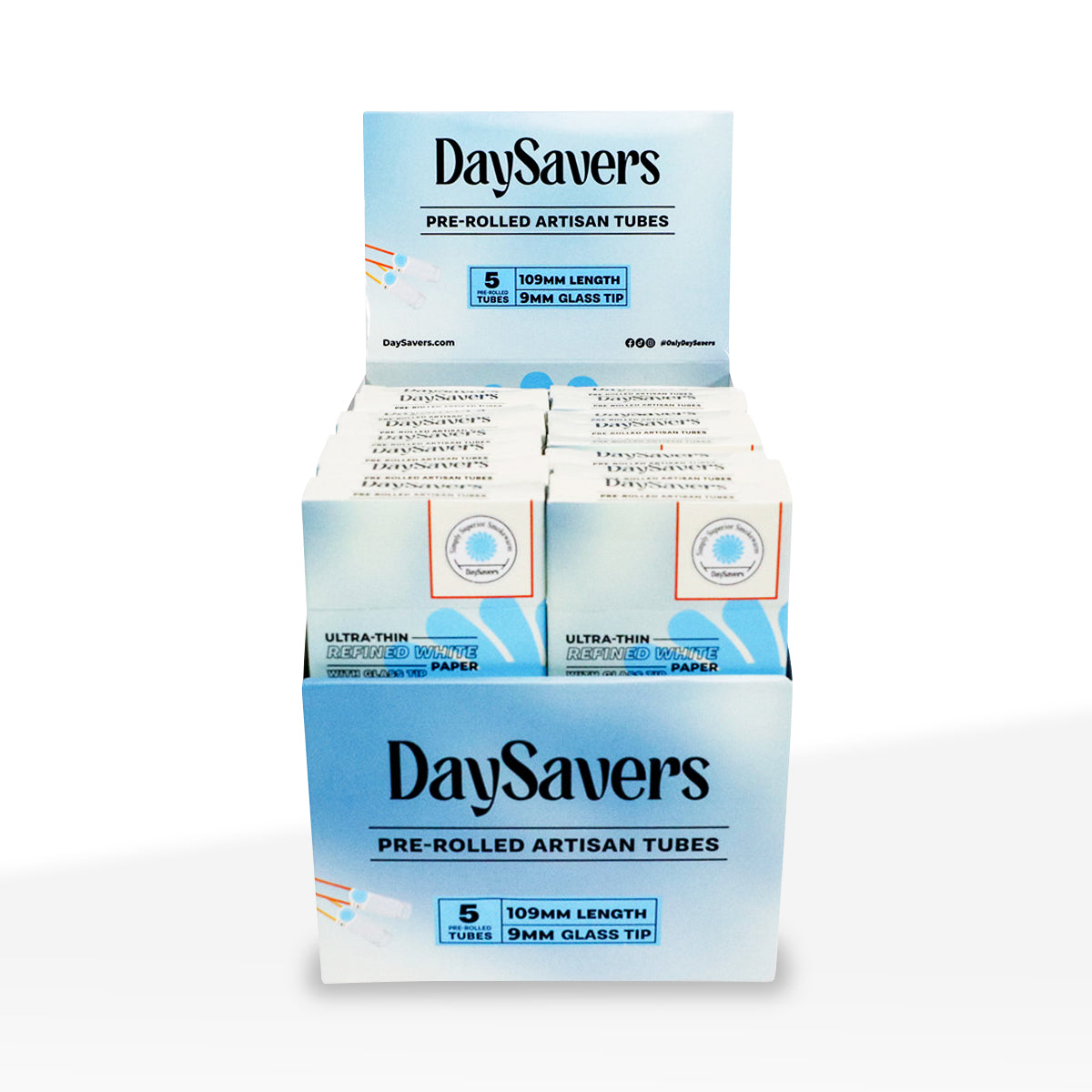 DaySavers | Ultra-Thin King Size Pre-Rolled Tubes w/ Tips | Various Styles - 109mm - White - 20 Count - Biohazard Inc - Glass Filter Tips