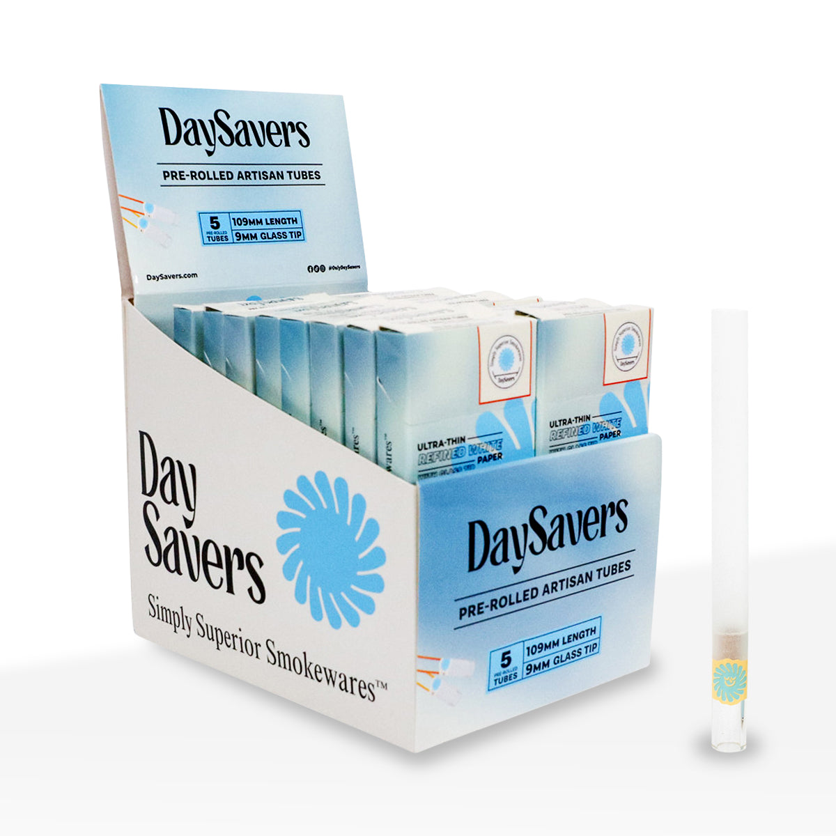DaySavers | Ultra-Thin King Size Pre-Rolled Tubes w/ Tips | Various Styles - 109mm - White - 20 Count - Biohazard Inc - Glass Filter Tips