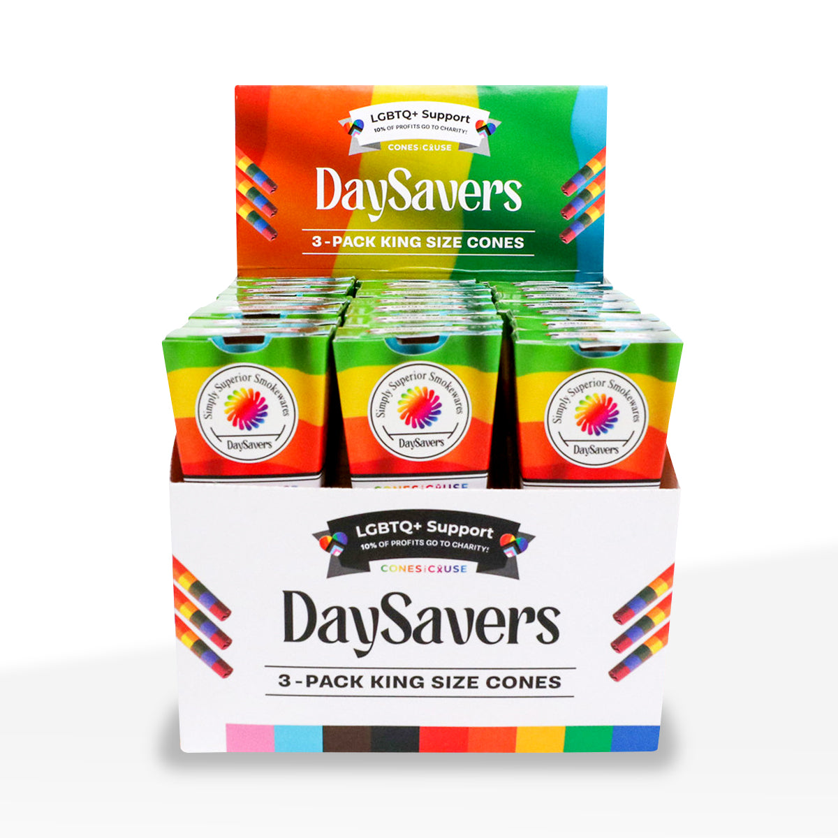 DaySavers | King Size Pre-Rolled Cones w/ Rainbow Tips | 109mm - White - 20 Count - Biohazard Inc