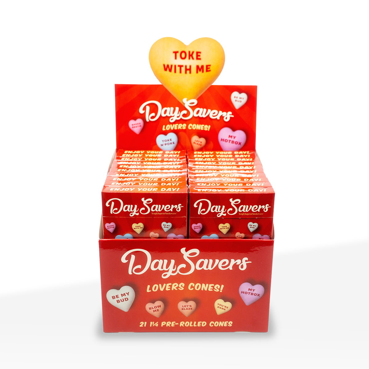 DaySavers | 1¼ Size Candy Hearts Pre-Rolled Cones | 84mm - White - 20 Count - Biohazard Inc