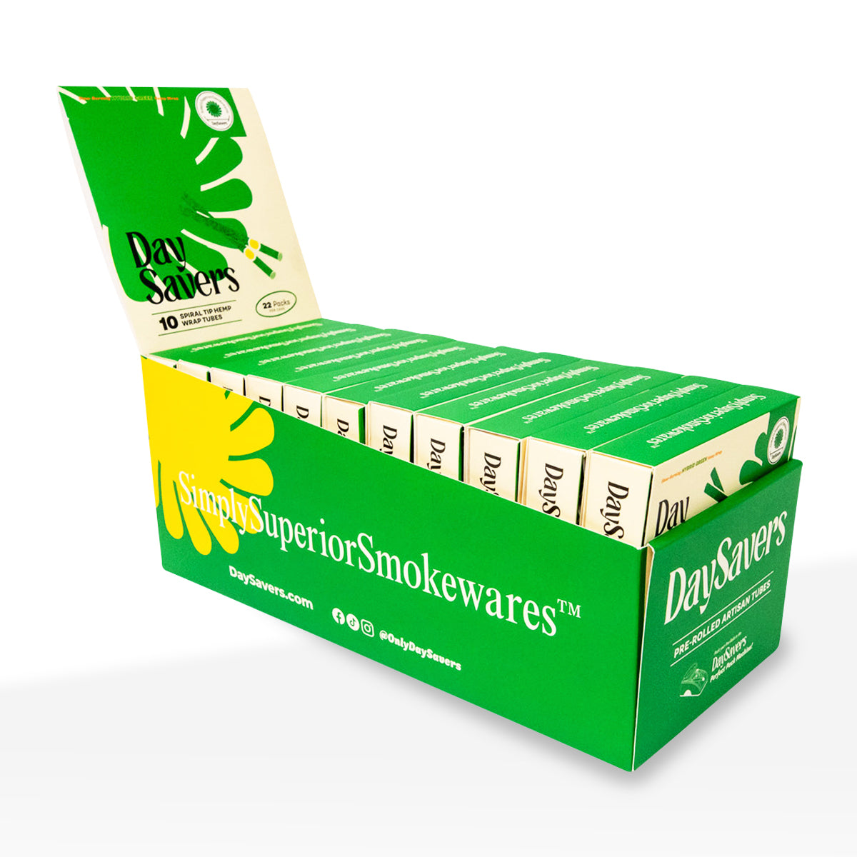 DaySavers | 1¼ Size Pre-Rolled Blunt Wraps w/ Spiral Tips | Various Styles - 84mm - 22 Count - Biohazard Inc - Green Hemp Blunt Wraps