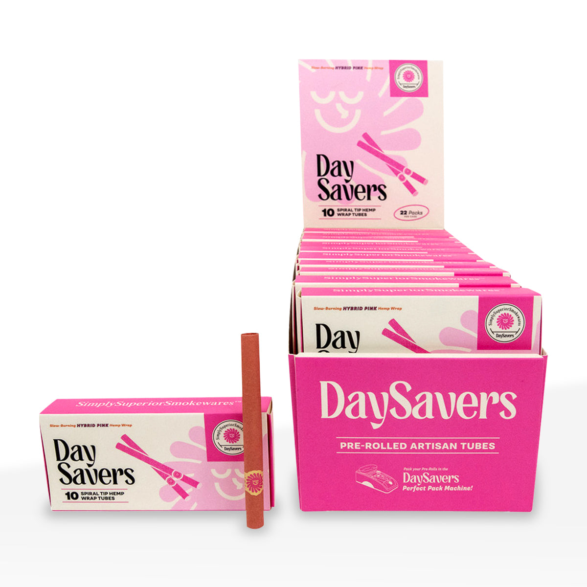 DaySavers | 1¼ Size Pre-Rolled Blunt Wraps w/ Spiral Tips | Various Styles - 84mm - 22 Count - Biohazard Inc - Pink Hemp Blunt Wraps