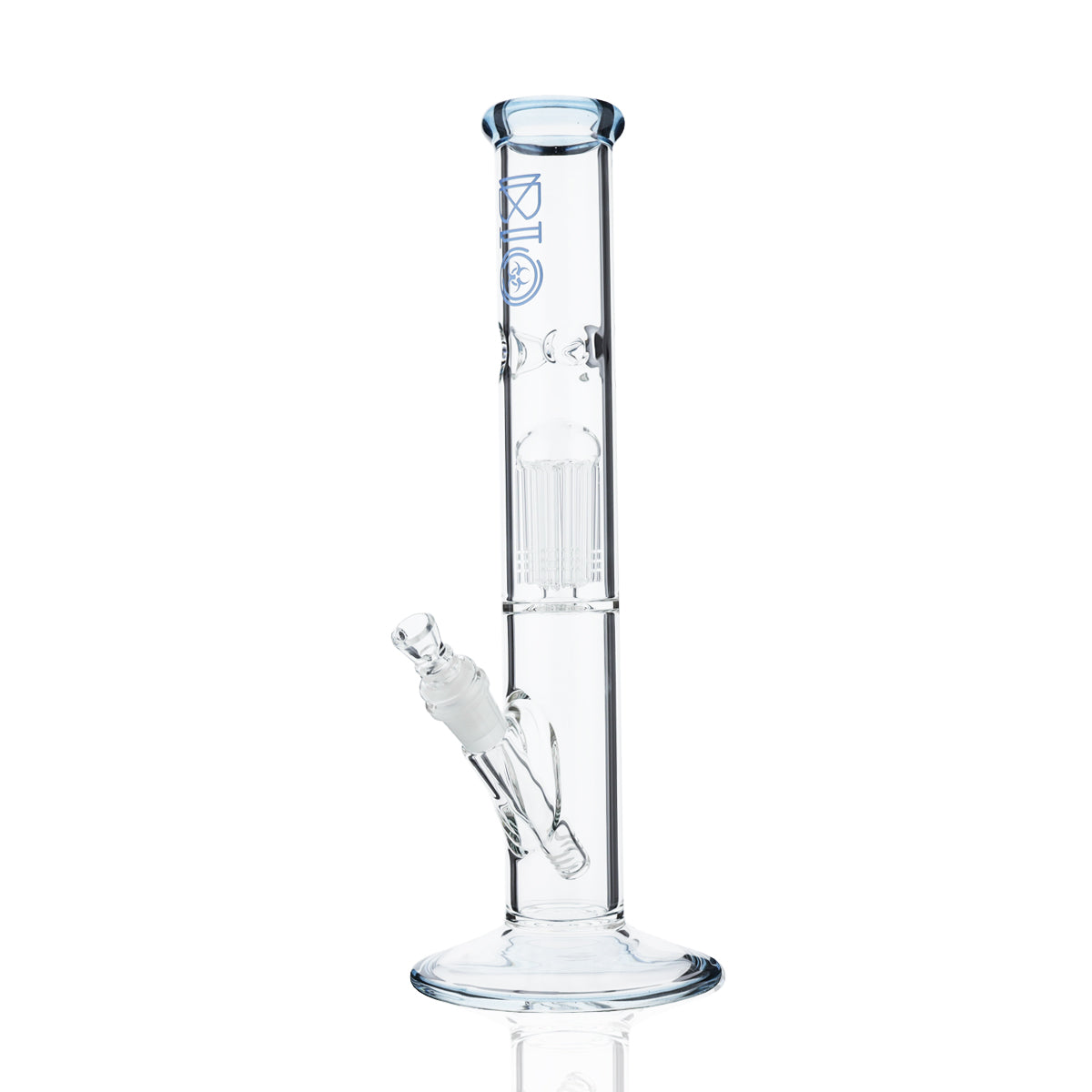 BIO Glass | Single Chamber 10-Arm Tree Perc Straight Color Trim Water Pipe | 14" - 14mm - Various Colors  Biohazard Inc Blue Stardust  