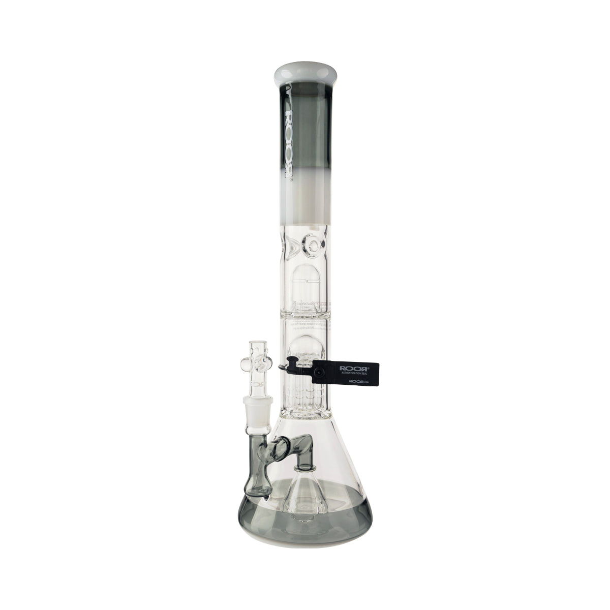 RooR® | TECH 10-Arm Tree Percolator Beaker Water Pipe | 18" - 14mm - Grey/White w/ White/Black Biohazard Inc