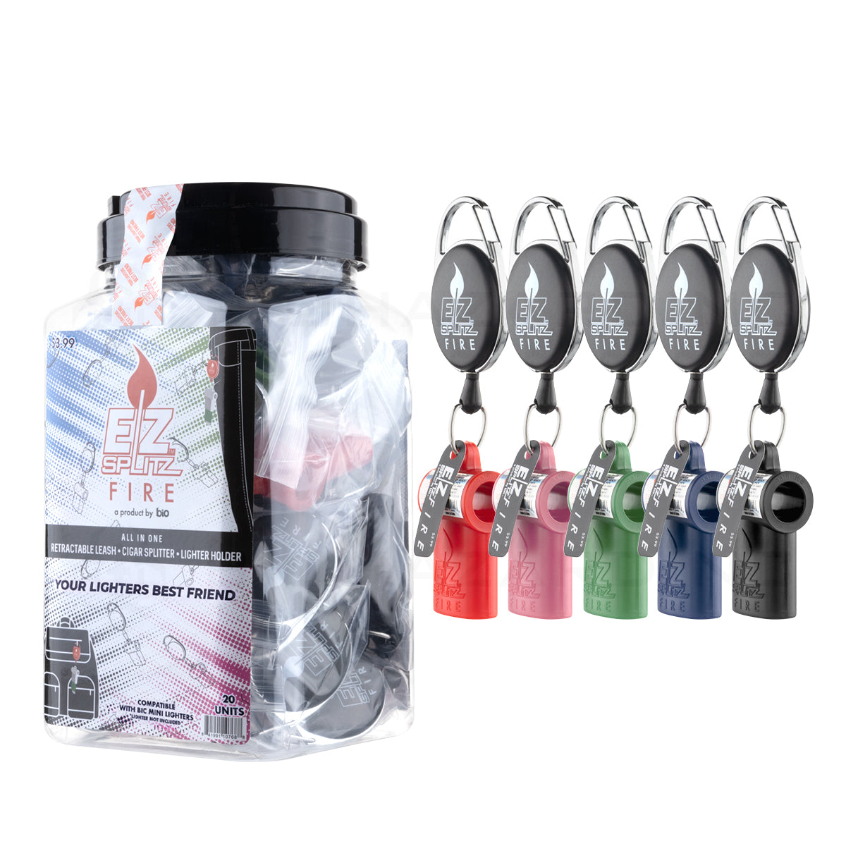 EZ Splitz | 'Retail Display' FIRE Cigarillo Blunt Splitter & Lighter Holder | Assorted Colors - 20 Count Blunt Splitter EZ Splitz
