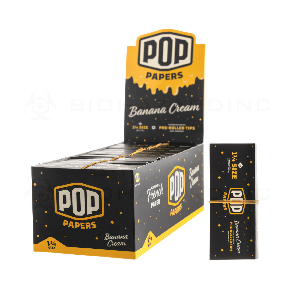 Pop Papers | Wholesale Ultra Thin 1¼ Rolling Paper w/ Flavor Filter Tips | 78mm - 24 Count - Various Flavors Rolling Papers Biohazard Inc Banana Cream