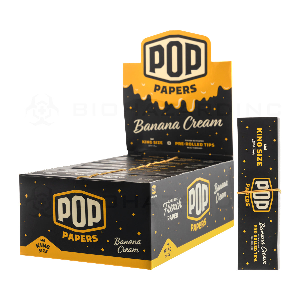 Pop Papers | Wholesale Ultra Thin King Size Rolling Paper w/ Flavor Filter Tips | 110mm - 24 Count - Various Flavors Rolling Papers Biohazard Inc Banana Cream