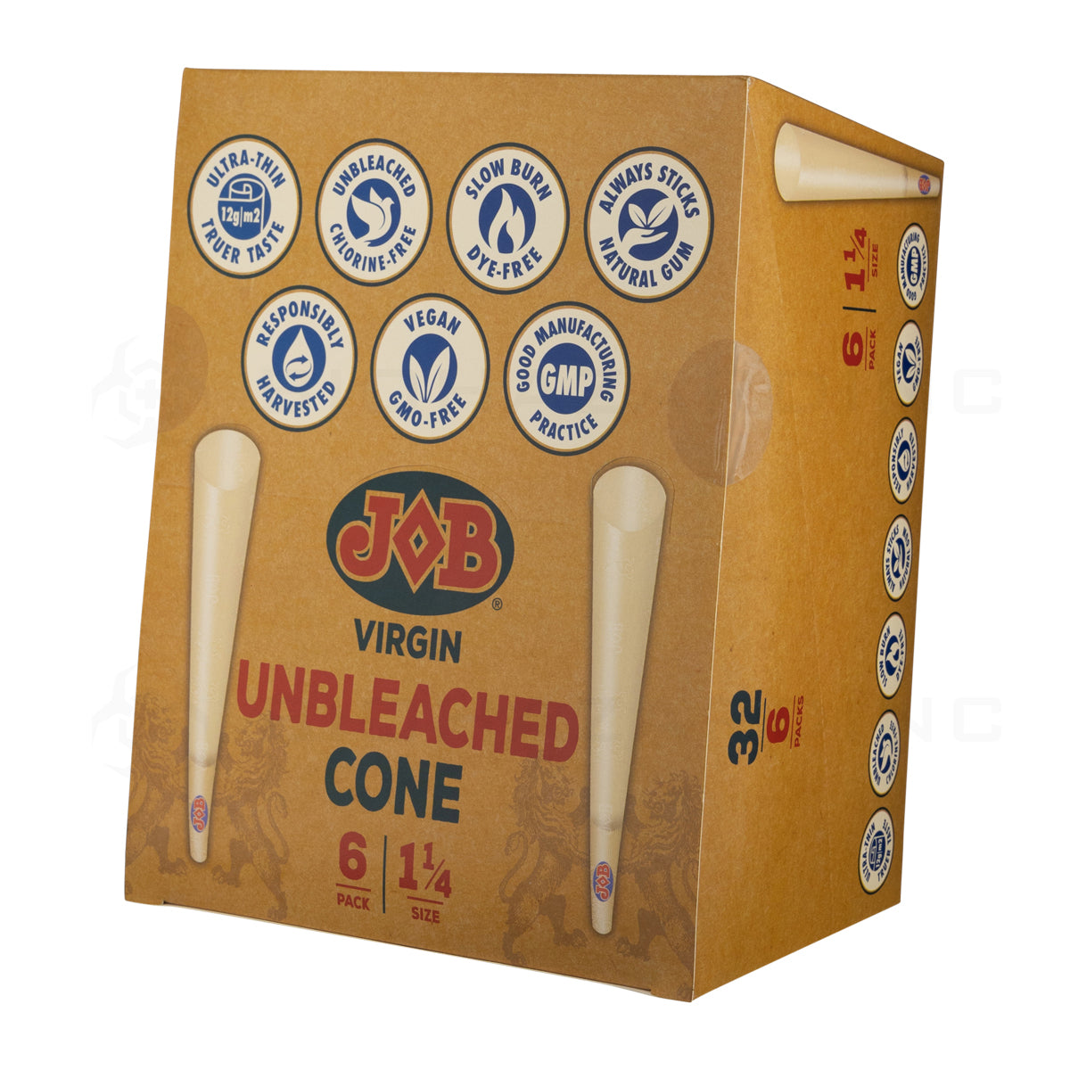JOB® | Virgin Unbleached Pre-Rolled Cones 1¼ Size | 78mm - Unbleached Brown - 32 Count Pre-Rolled Cones Biohazard Inc