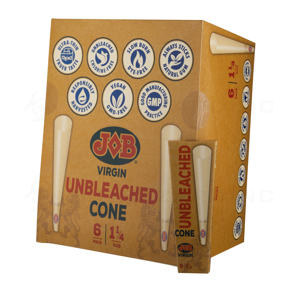 JOB® | Virgin Unbleached Pre-Rolled Cones 1¼ Size | 78mm - Unbleached Brown - 32 Count Pre-Rolled Cones Biohazard Inc