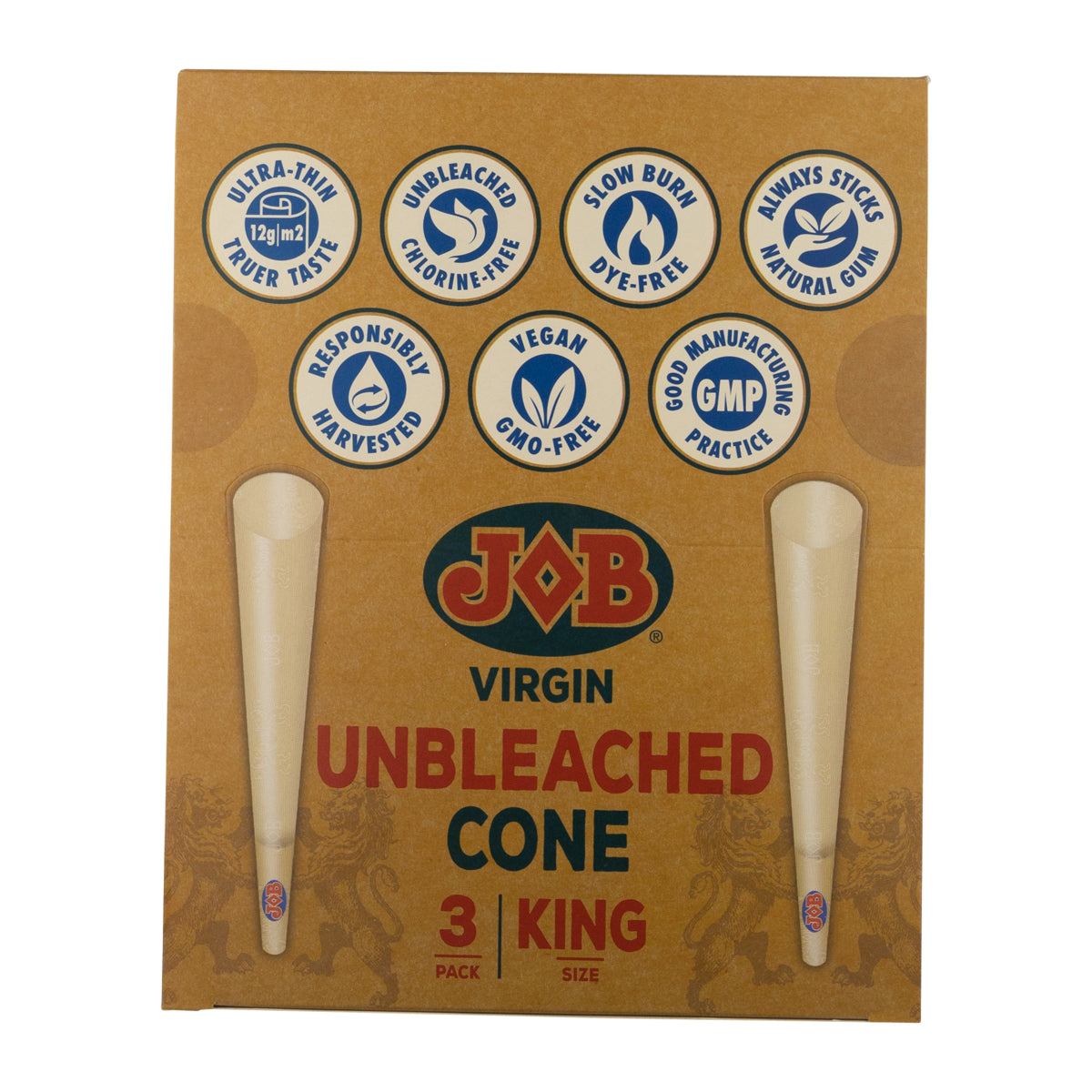 JOB® | Virgin Unbleached Cones King Size 3 Packs | 32 Count Pre-Rolled Cones Biohazard Inc