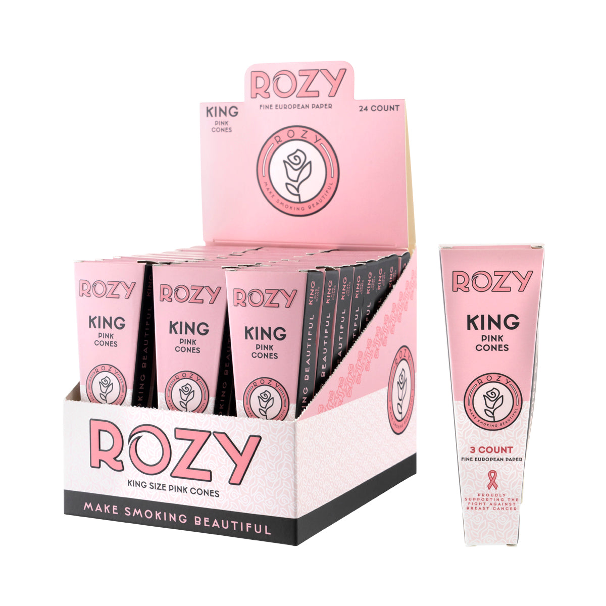 Rozy Pink | Pre-Rolled Cones King Size 3-Pack | 109mm - Pink - 24 Count Pre-Rolled Cones Rozy