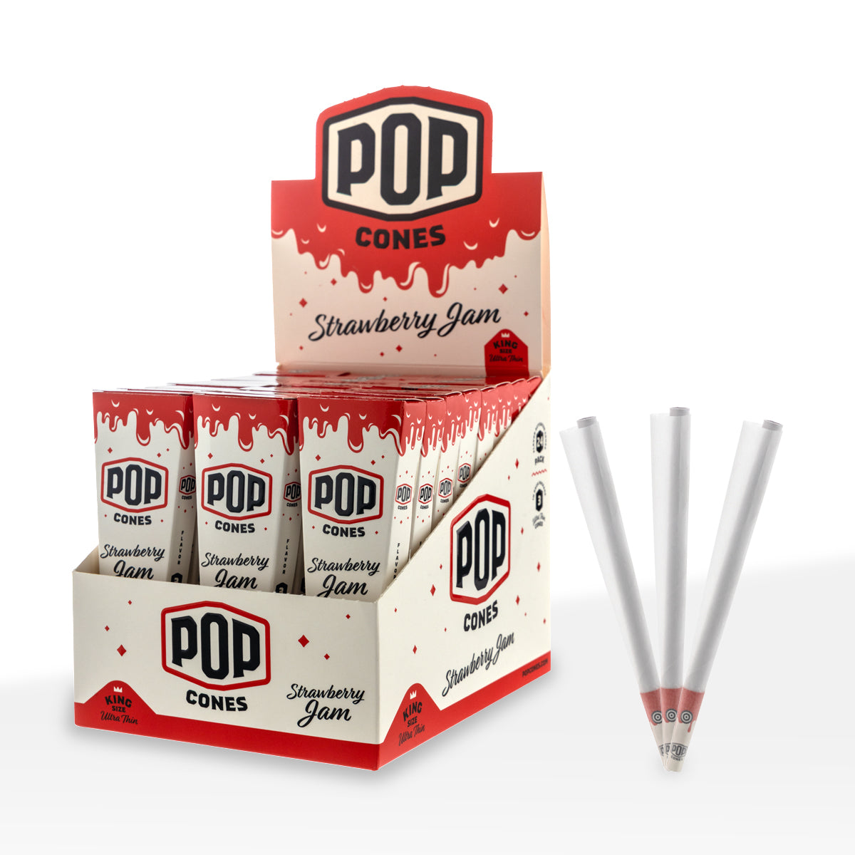 Pop Cones | Ultra Thin Pre-Rolled Cones King Size | 109mm - 3 Pack 24 Count - Various Flavors Pre-Rolled Cones Biohazard Inc Strawberry Jam