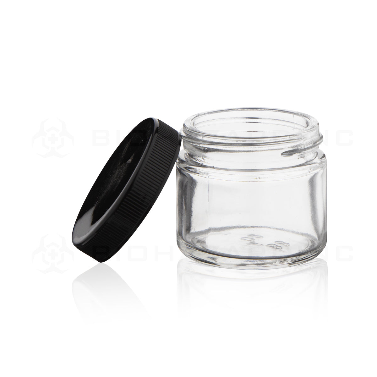 Glass Jar | Clear Glass Jars w/ Ribbed Caps - Gloss Black | 2oz - 240 Count Glass Jar Biohazard Inc   