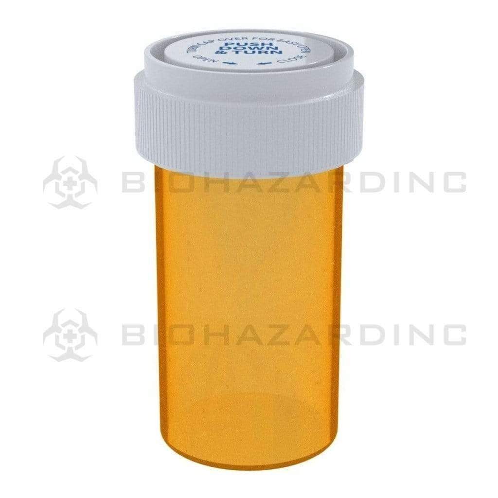 Child Resistant | Transparent Amber Reversible Cap Vials | 13 Dram - 2 Grams - 275 Count Reversible Cap Vial Biohazard Inc   