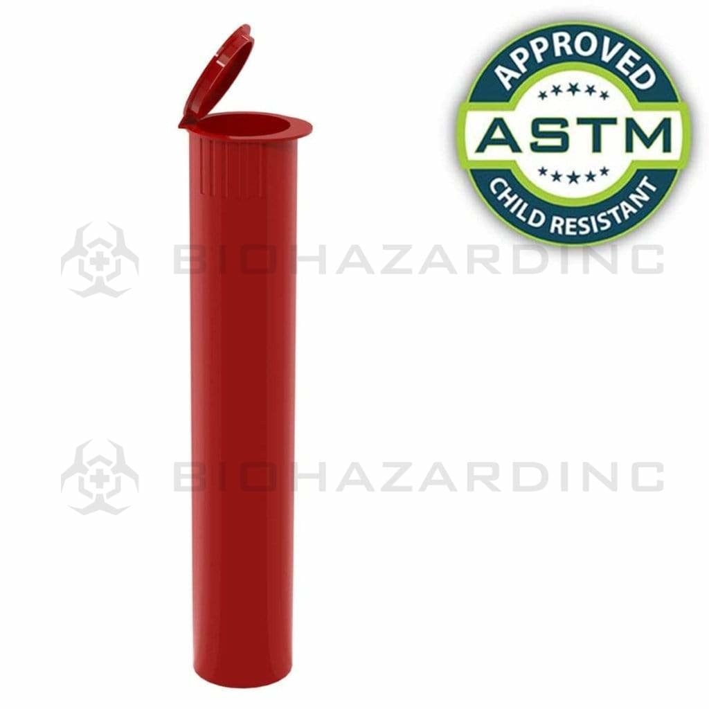 Child Resistant | Pop Top Plastic Pre-Roll Tubes | 95mm - Opaque Red - 1000 Count Child Resistant Joint Tube Biohazard Inc   