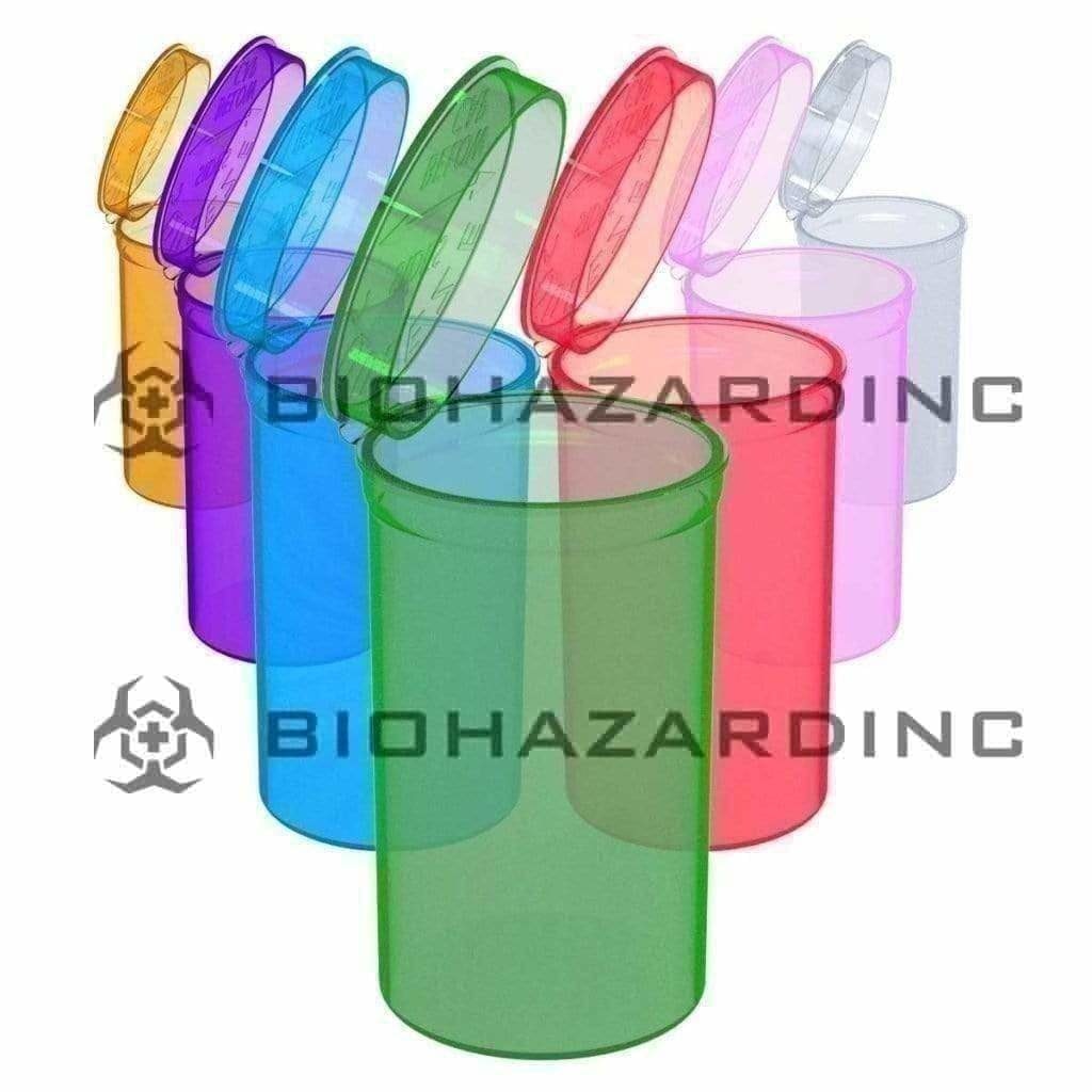 Plastic Pop Top Bottles | 19 Dram - 3.5 Grams - 225 Count - Various Colors Pop Top Bottle Biohazard Inc Transparent Assorted Colors  