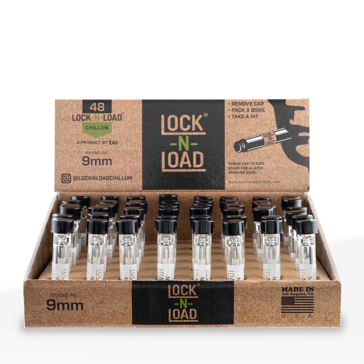 Lock-N-Load | 'Retail Display' Glass Chillums w/ Black Caps | 3" - 9mm - 48 Count