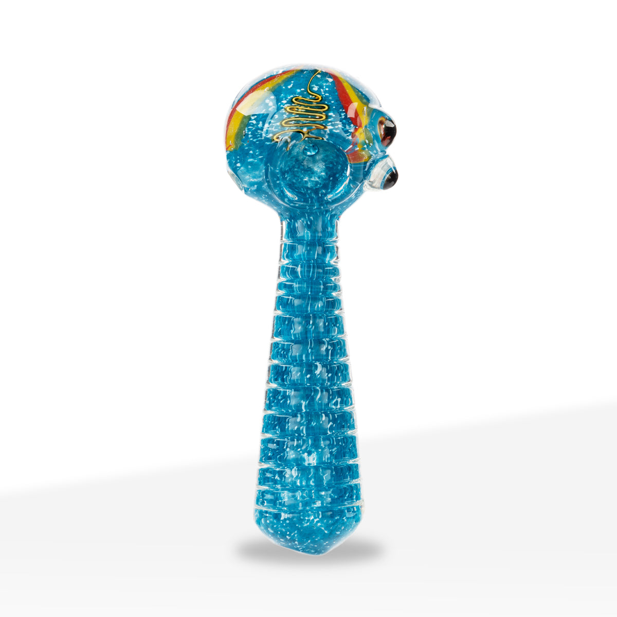 Hand Pipe | Classic Glass Spoon Heavy Frit w/ Dichro Hand Pipe | 4" - Glass - Assorted Colors - Biohazard Inc - Cyan Blue